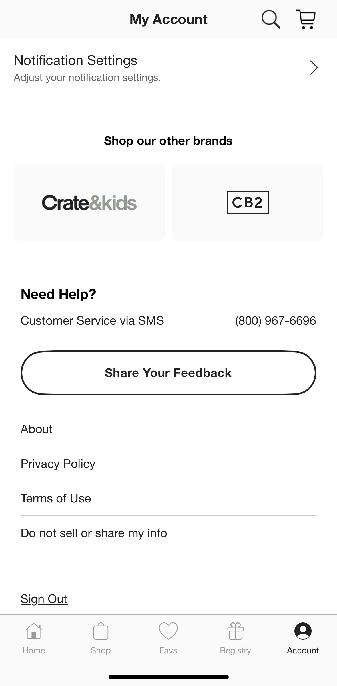 Crate & Barrel Screen screen in the Privacy policy flow