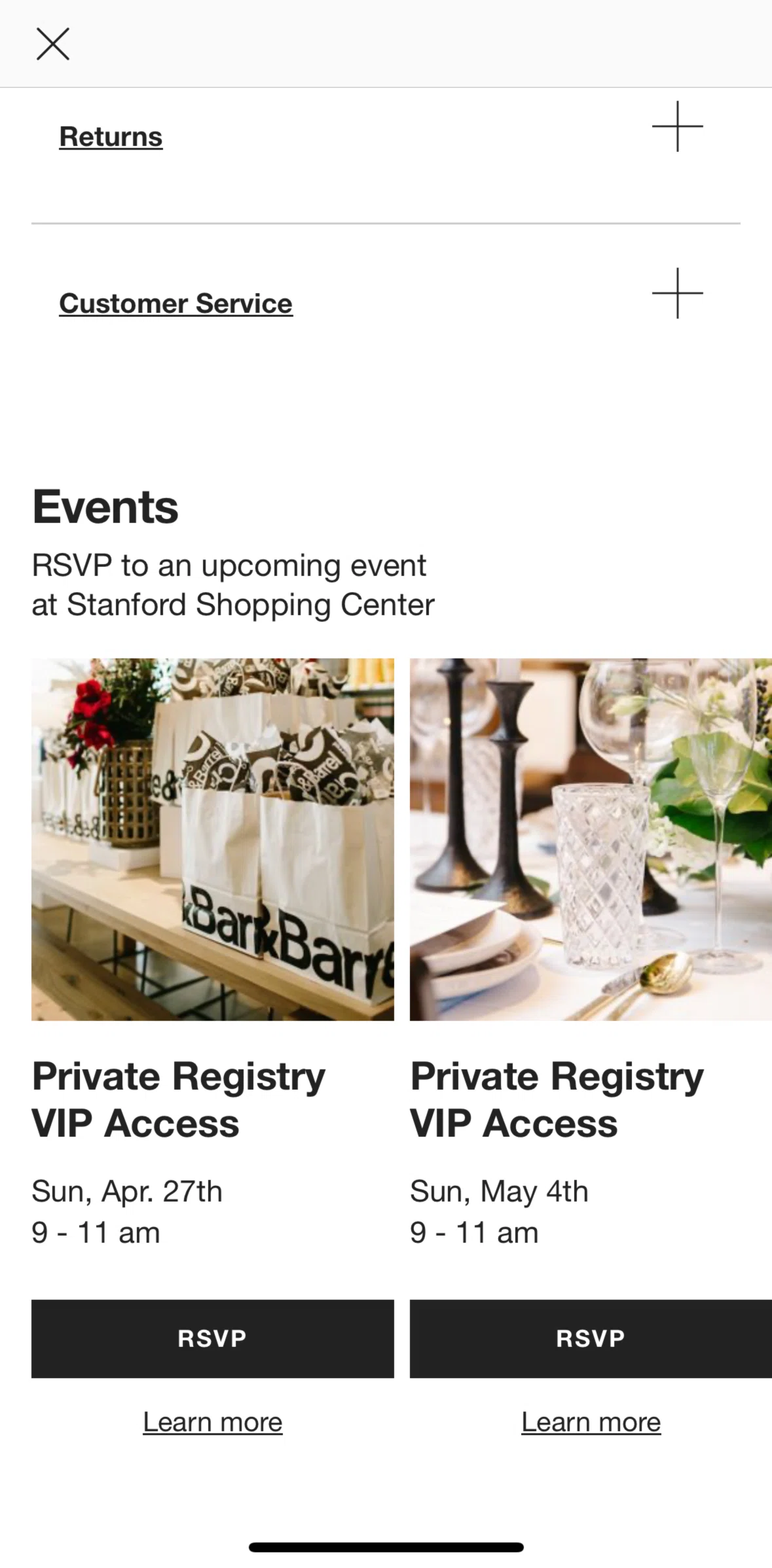 Crate & Barrel Screen screen in the RSVP an event flow