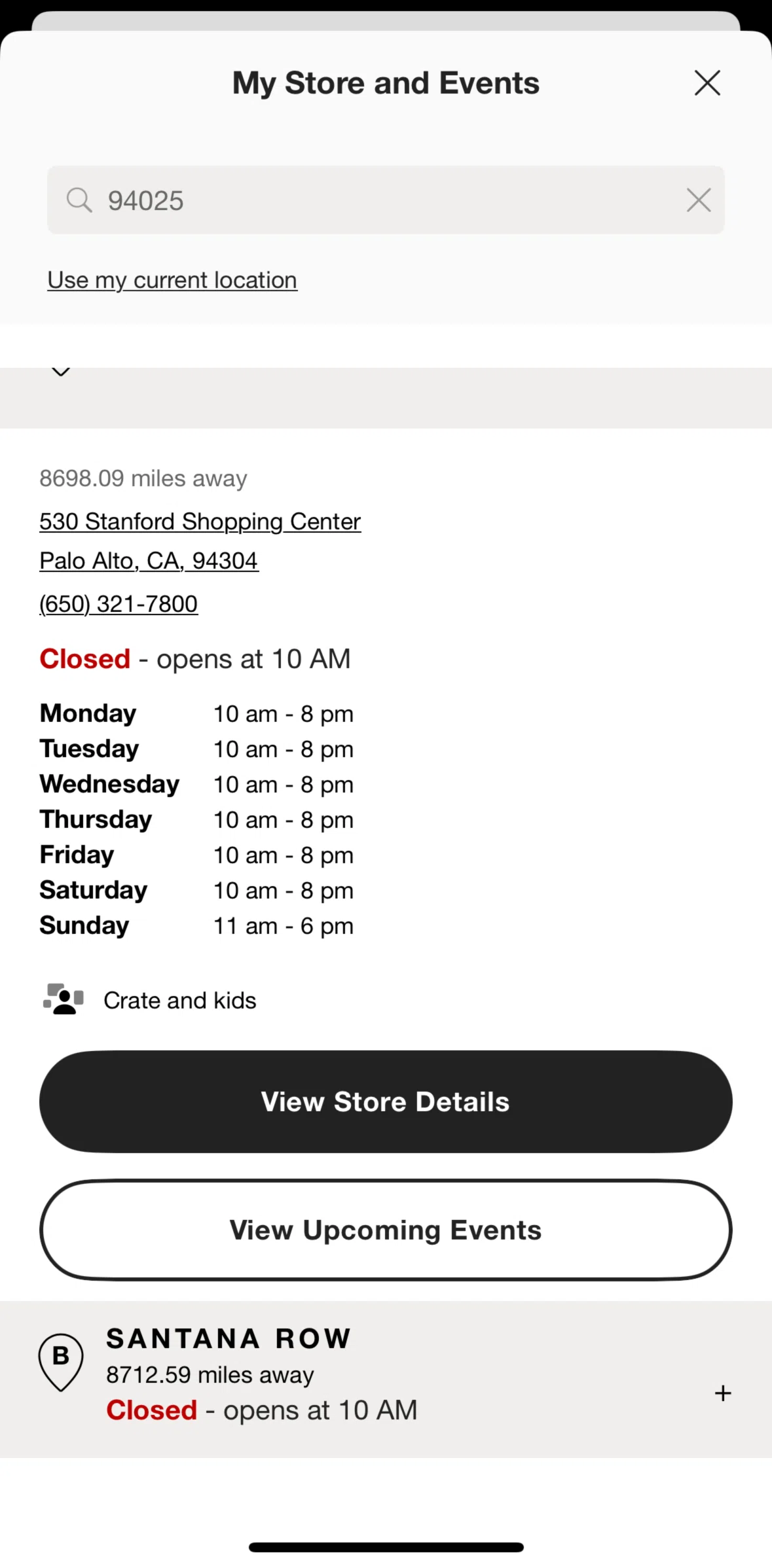 Crate & Barrel Screen screen in the Store details flow
