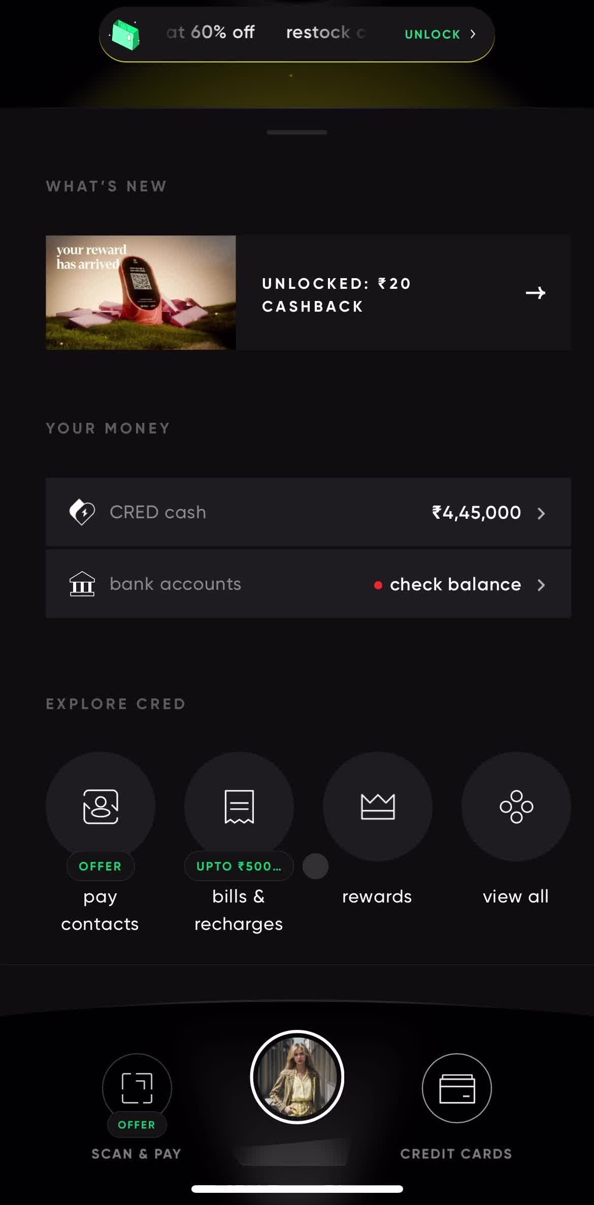 Cred Home screen in the Buying Something flow