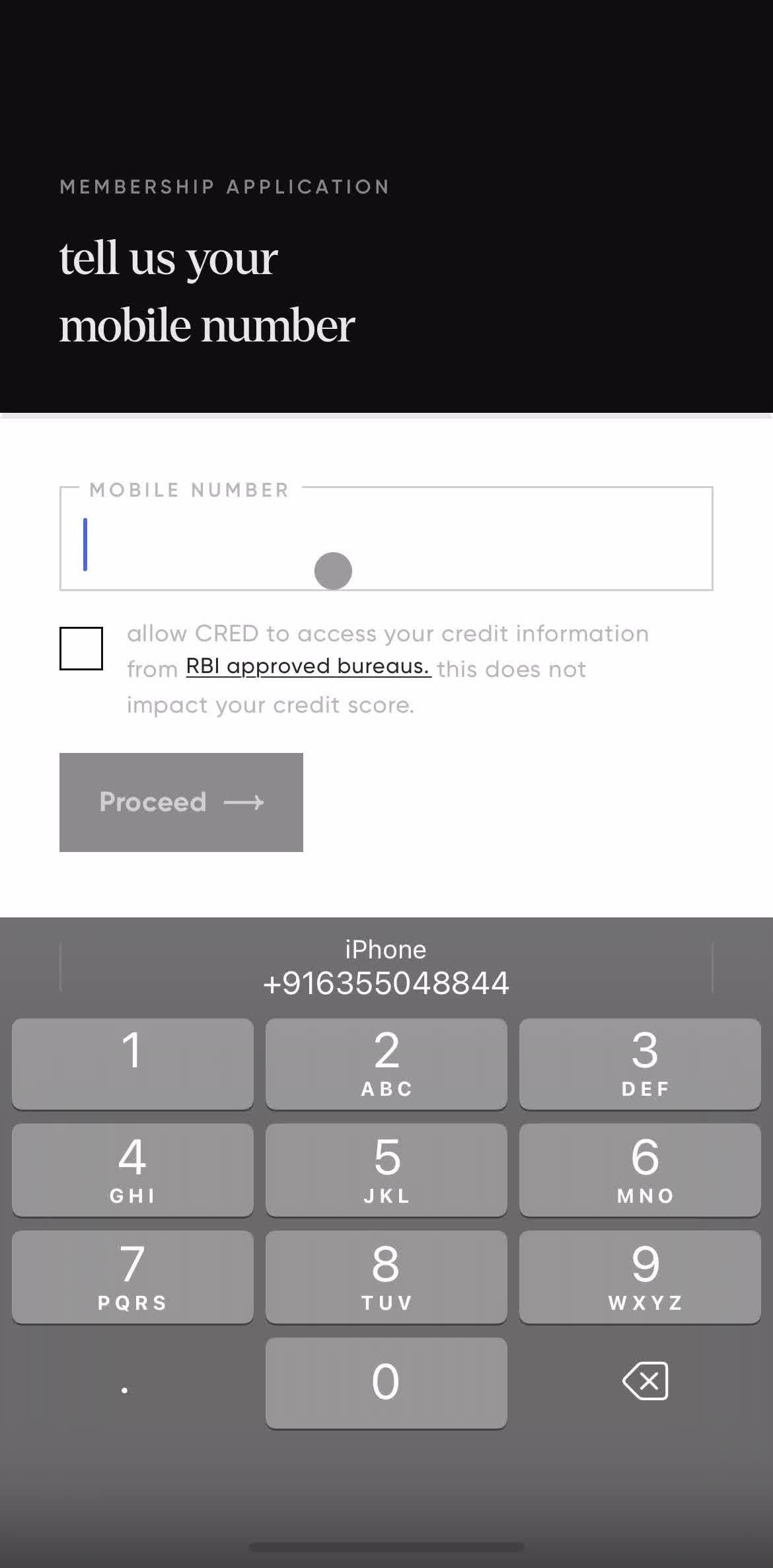 Cred Enter phone number screen in the Logging In flow