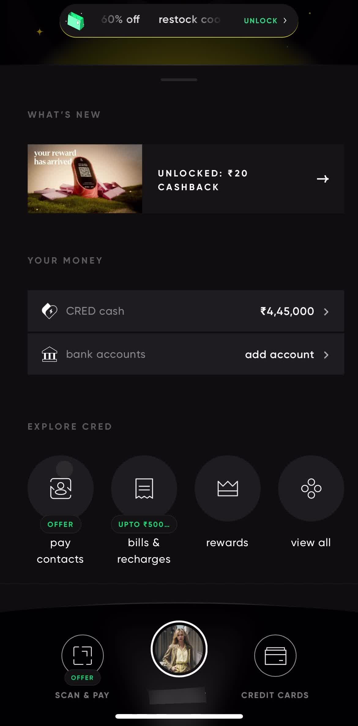 Cred Home screen in the Making A Payment flow