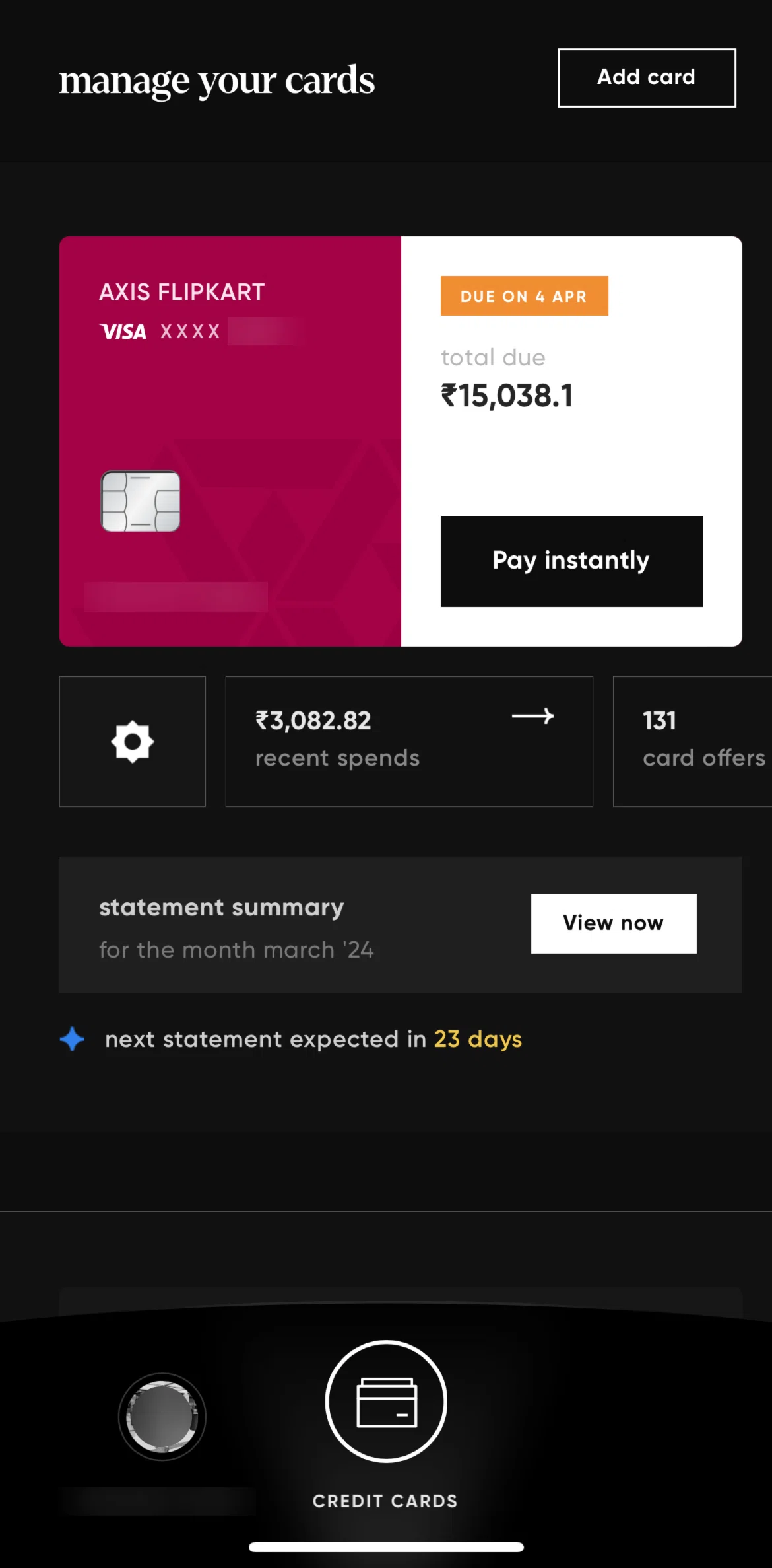Cred Screen screen in the Paying a bill flow