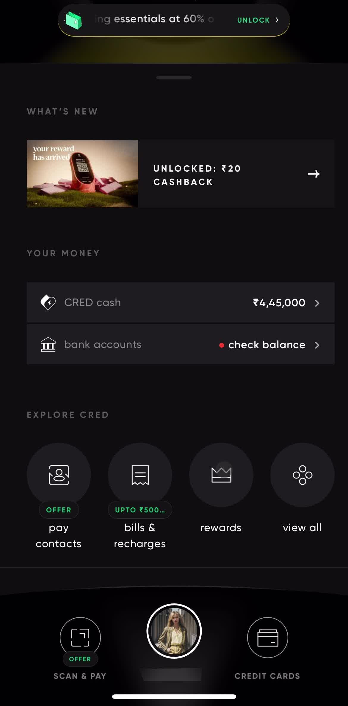 Cred Home screen in the Rewards flow