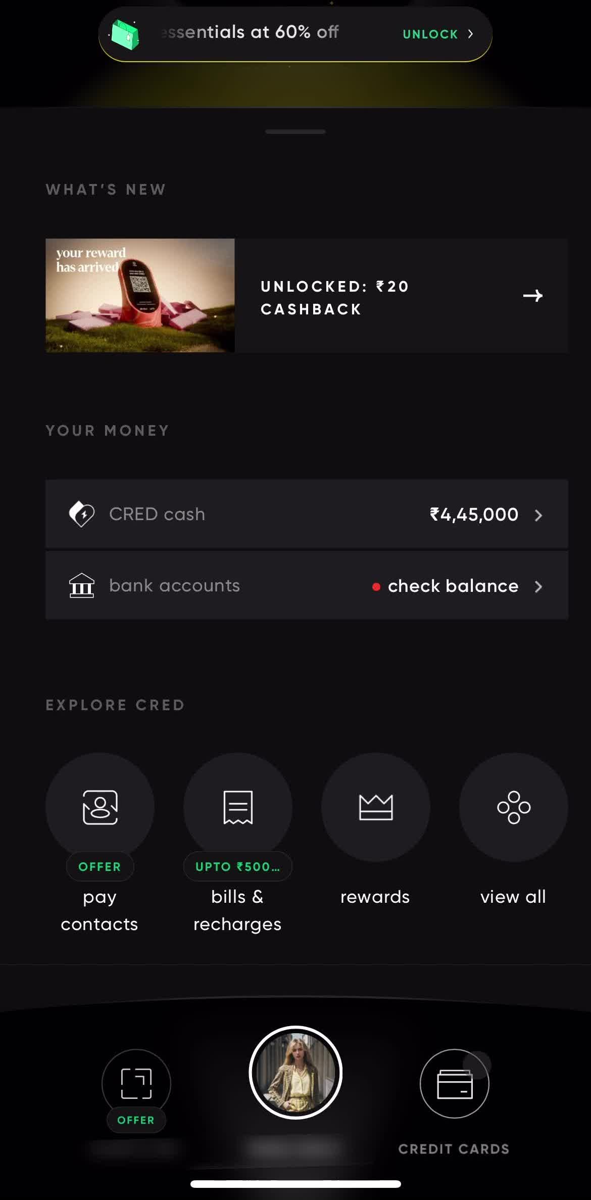 Cred Home screen in the Searching flow