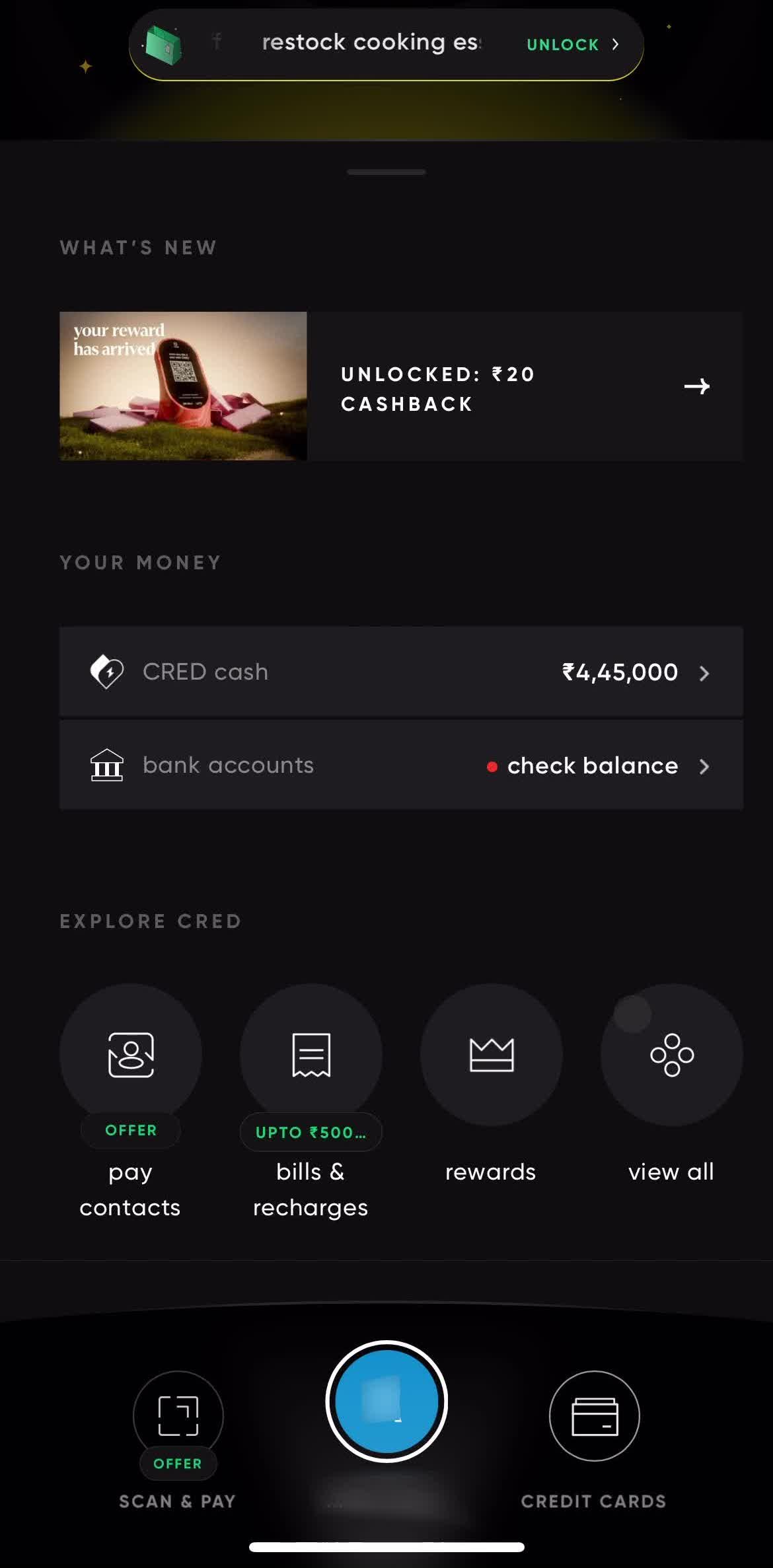 Cred Home screen in the Updating Your Profile flow