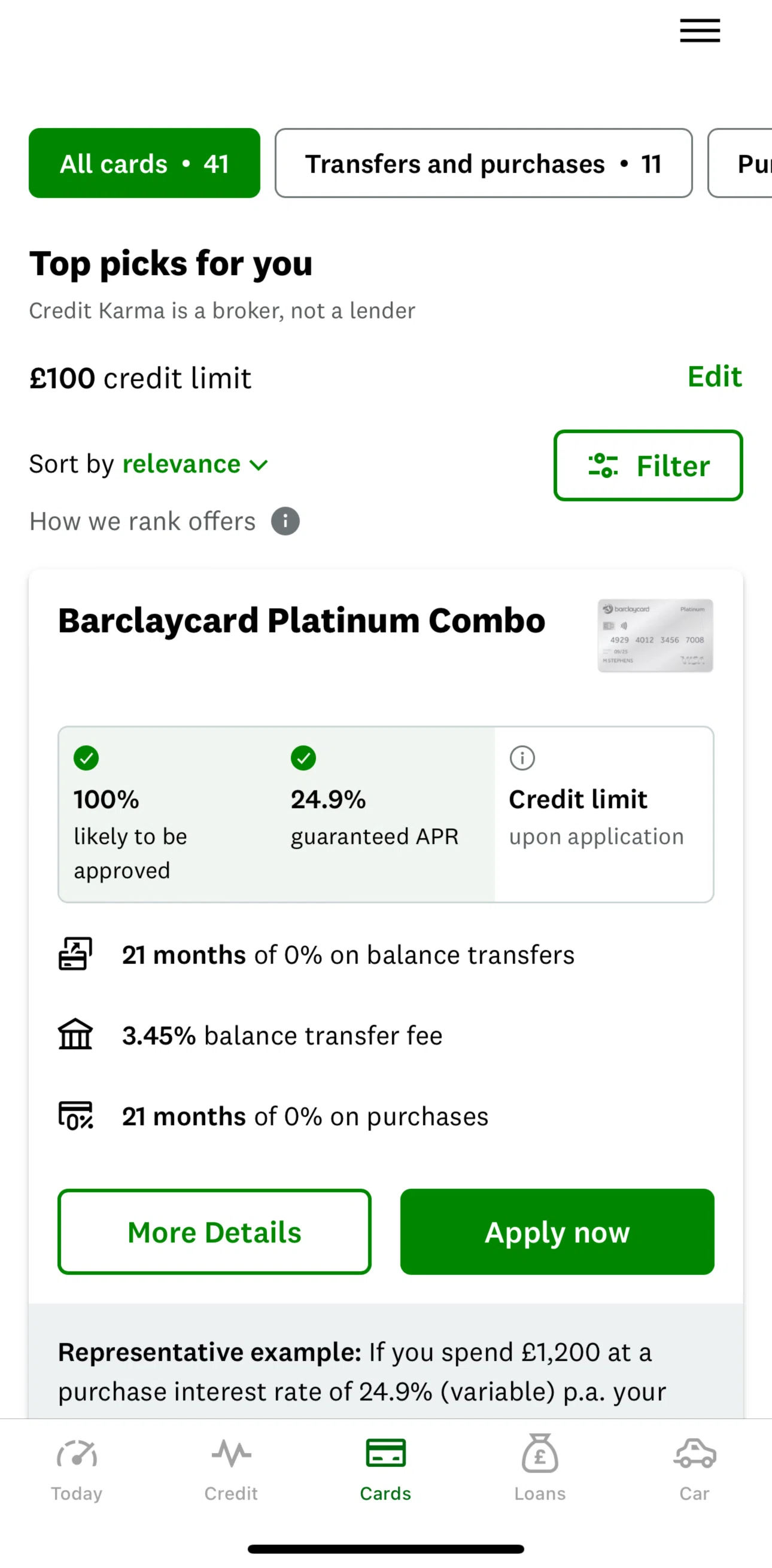 Credit Karma Screen screen in the Filtering cards flow