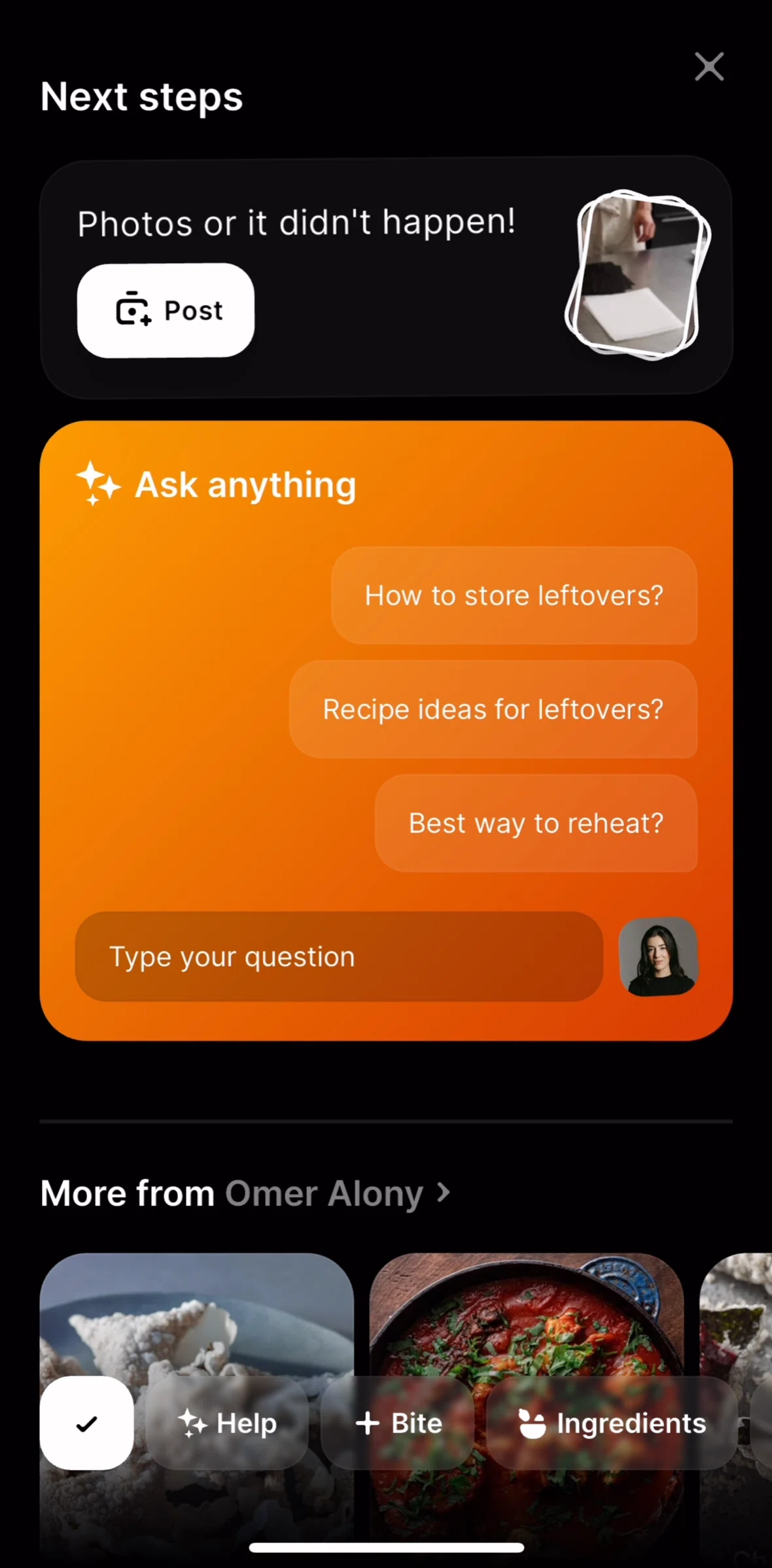 CREME Screen screen in the Asking Sous AI a question flow