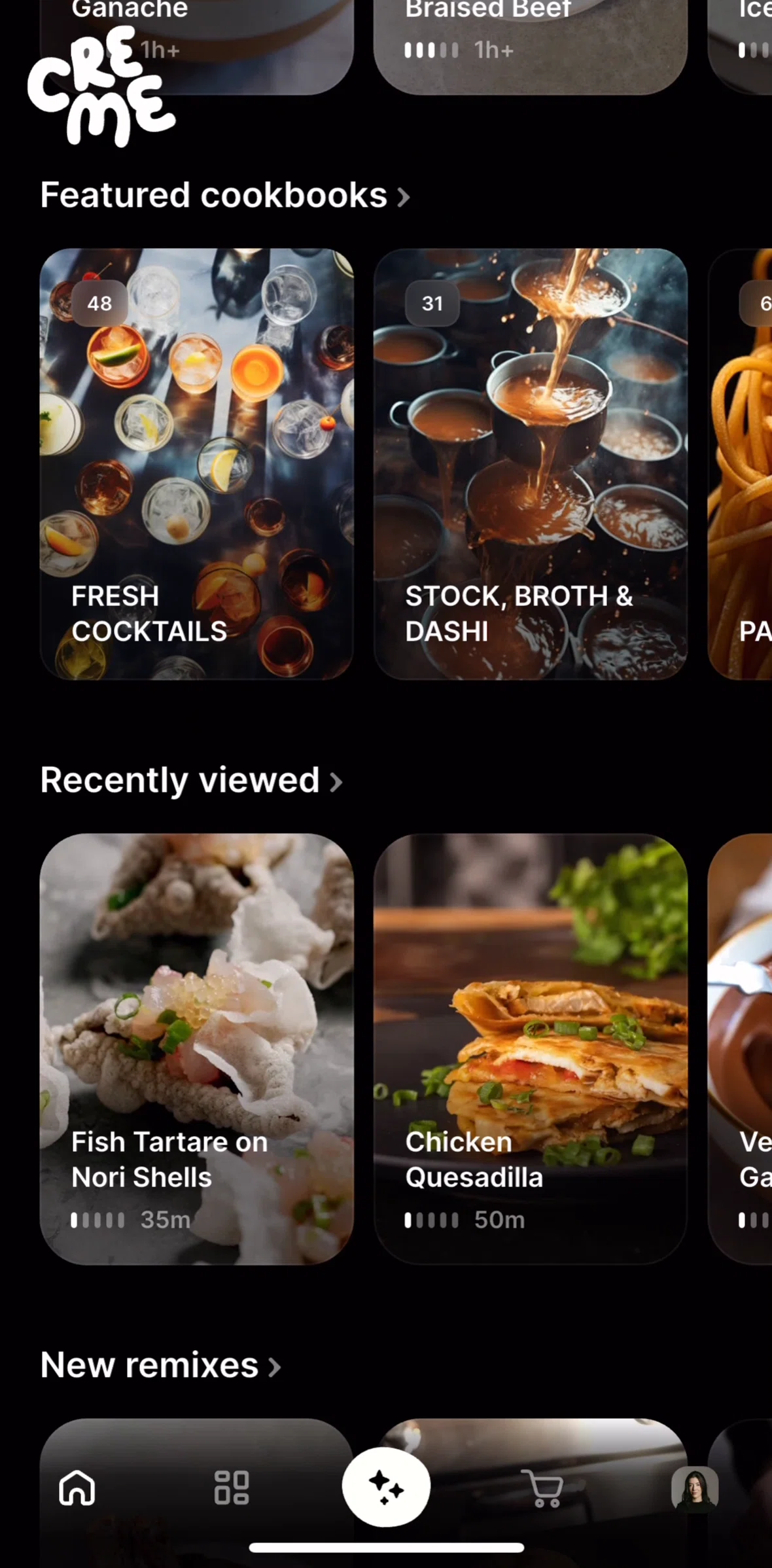 CREME Screen screen in the Featured cookbooks flow