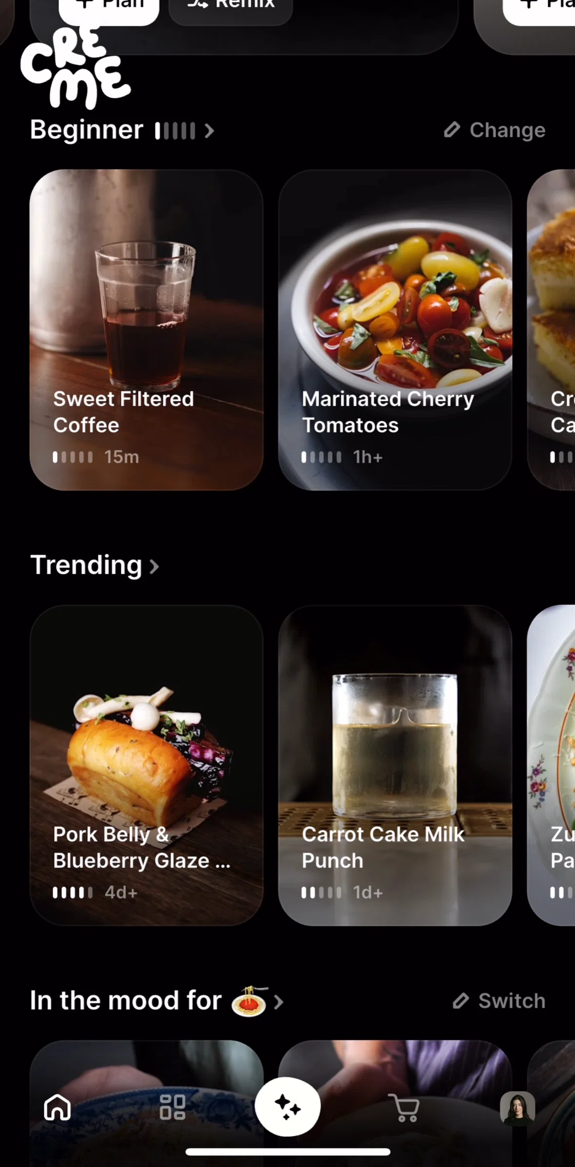 CREME Screen screen in the Selecting a recipe difficulty preference flow