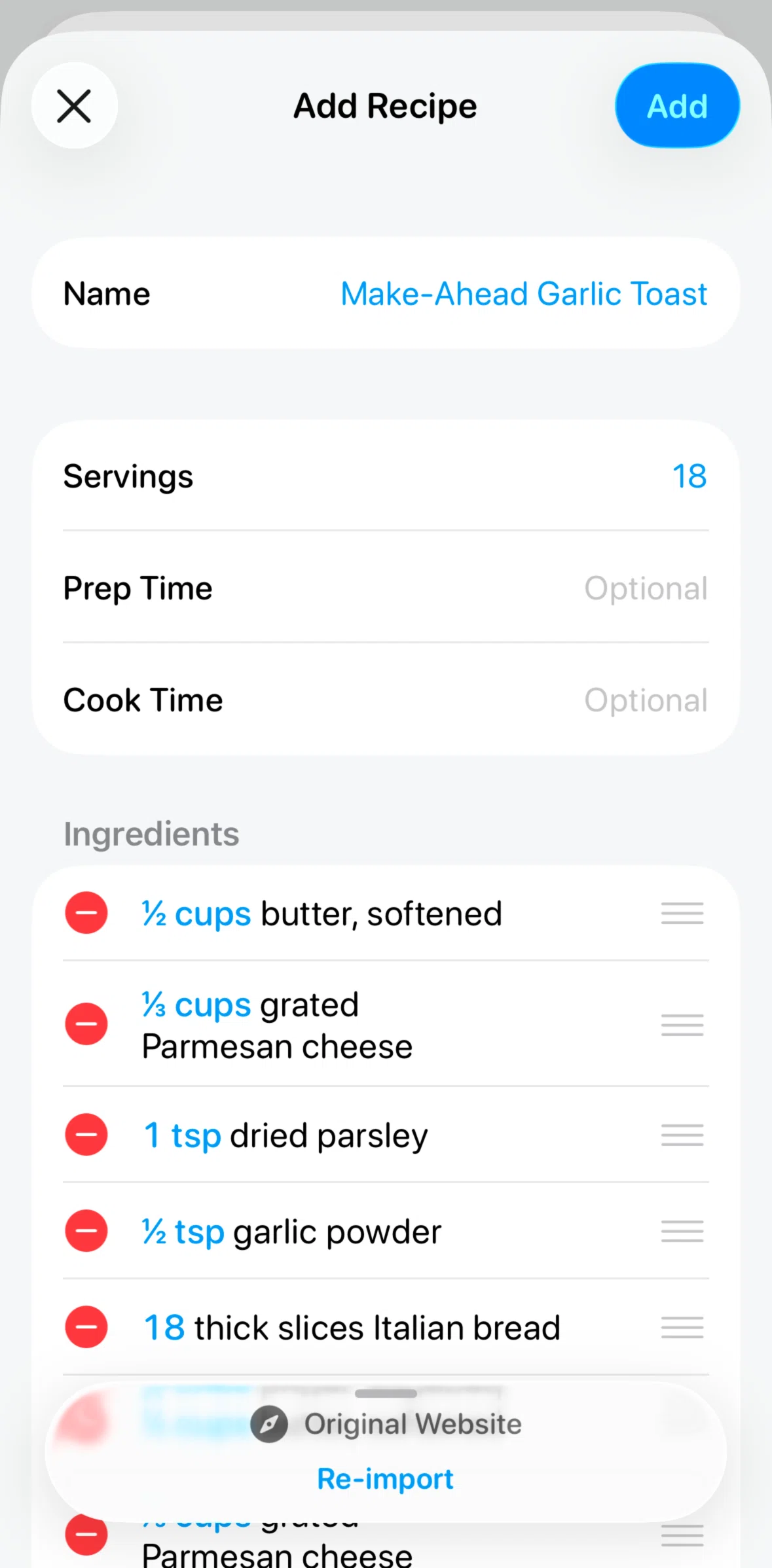 Crouton Screen screen in the Re-importing a recipe flow