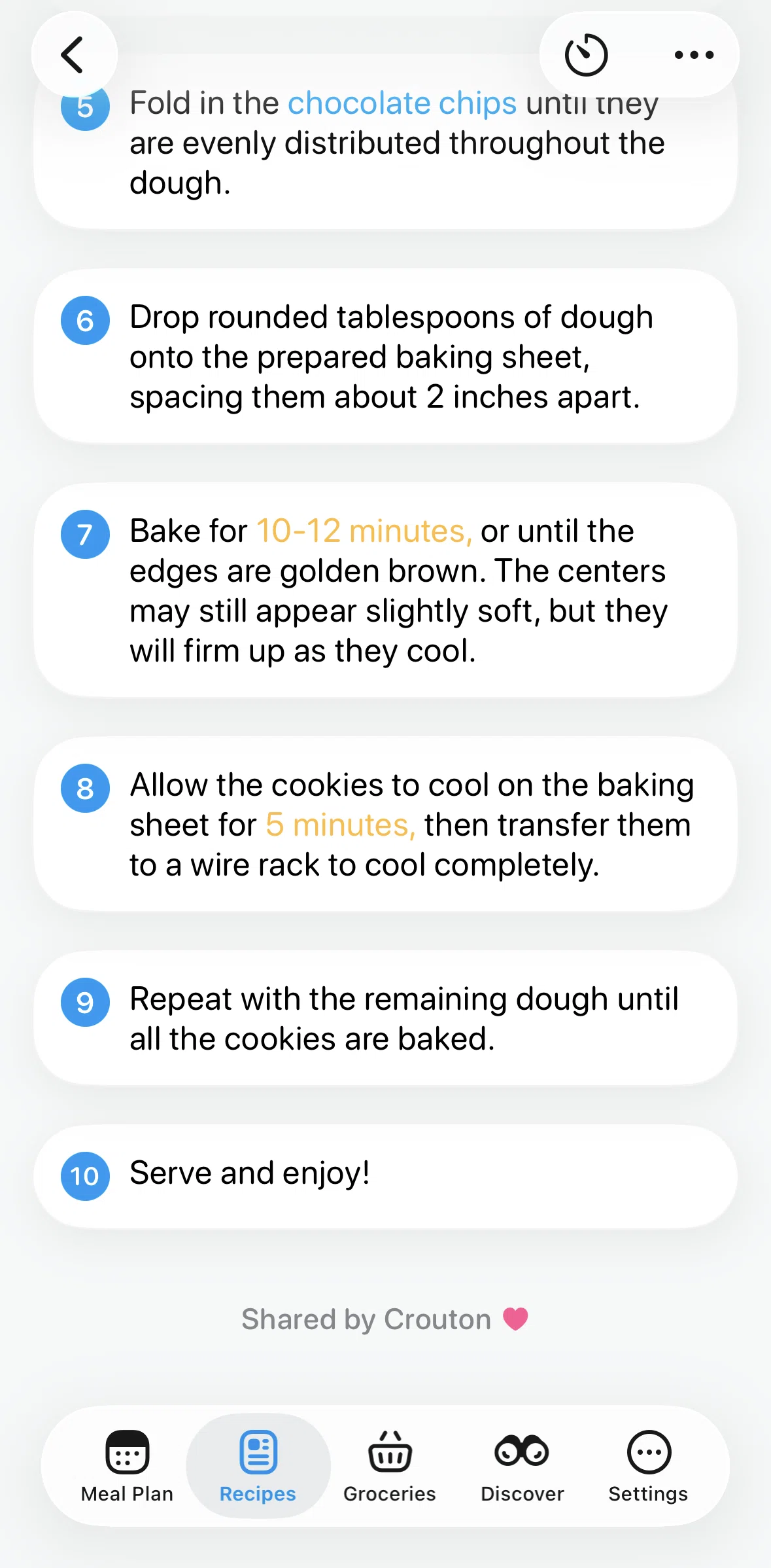 Crouton Screen screen in the Starting a timer (recipe detail) flow