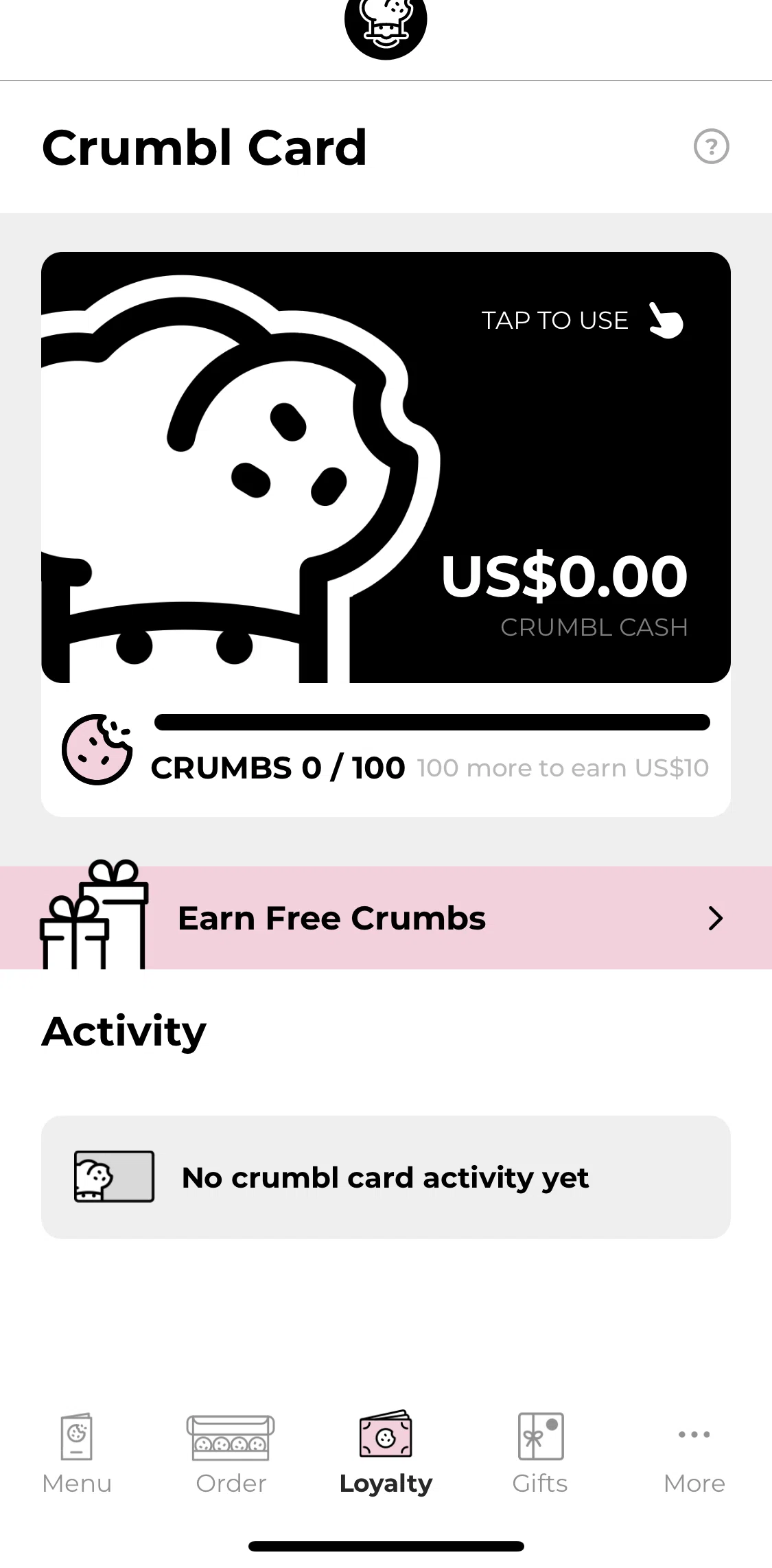 Crumbl Cookies Screen screen in the Crumbl Card FAQs flow
