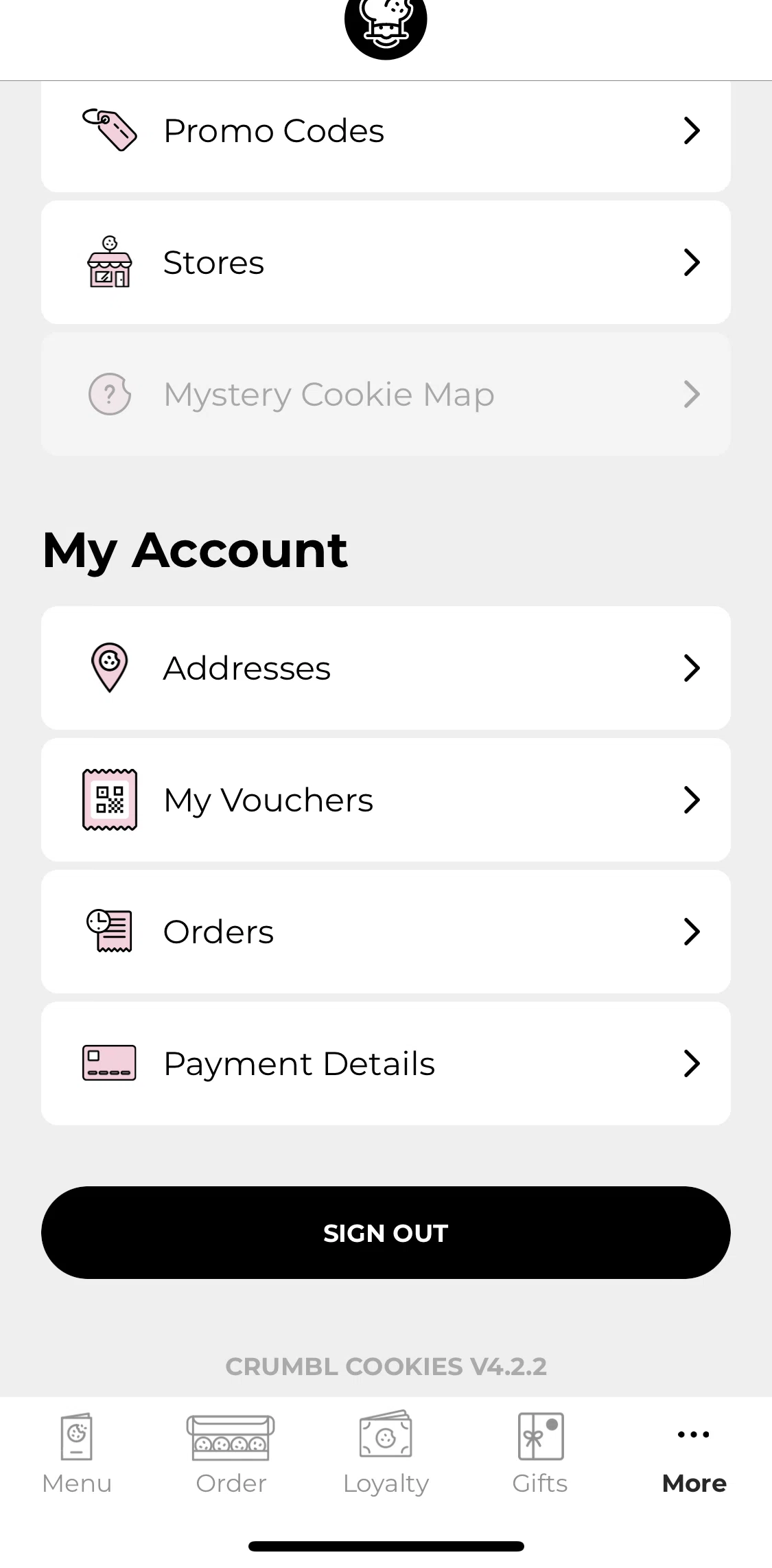 Crumbl Cookies Screen screen in the Logging out flow