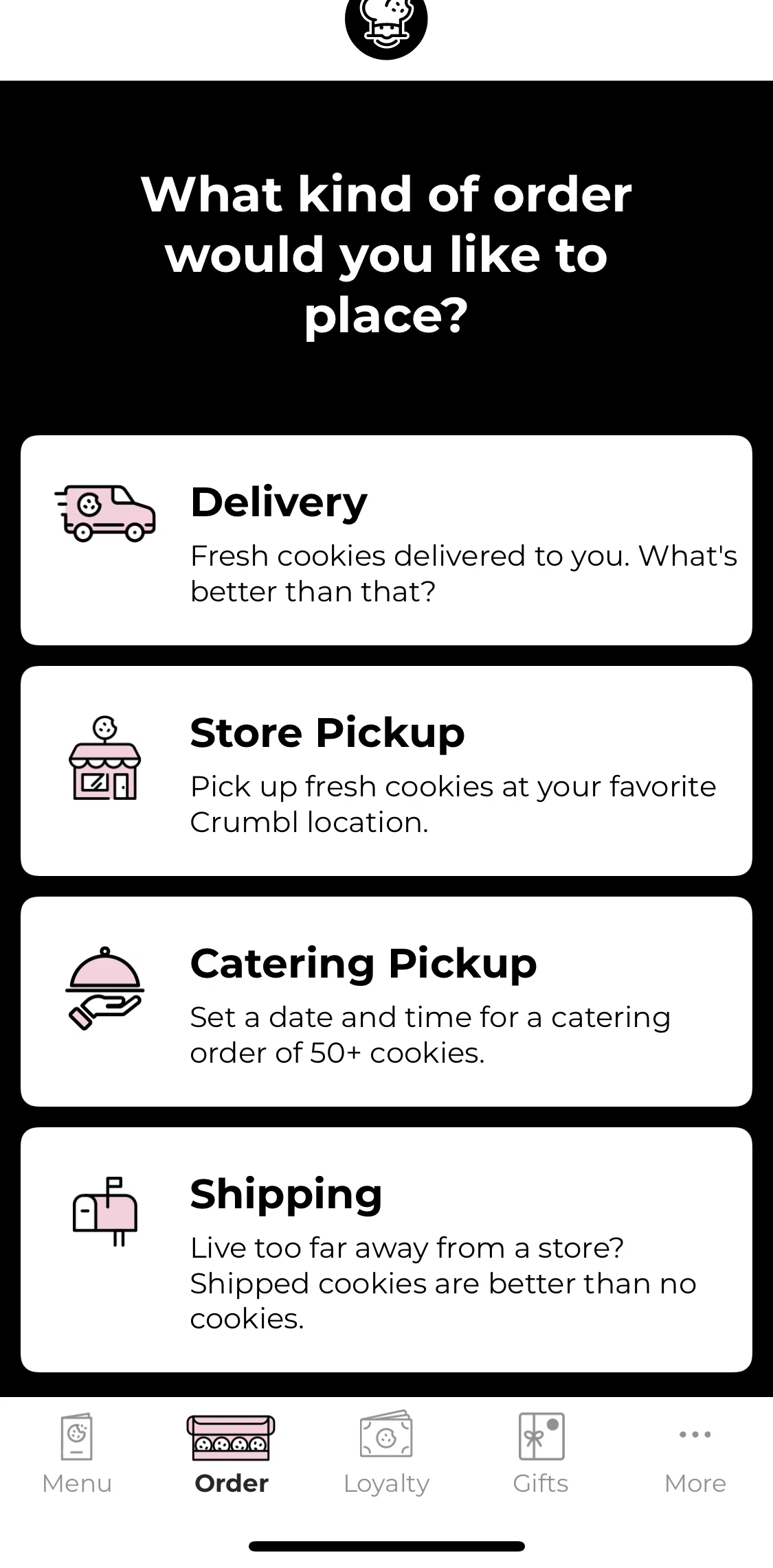Crumbl Cookies Screen screen in the Order flow