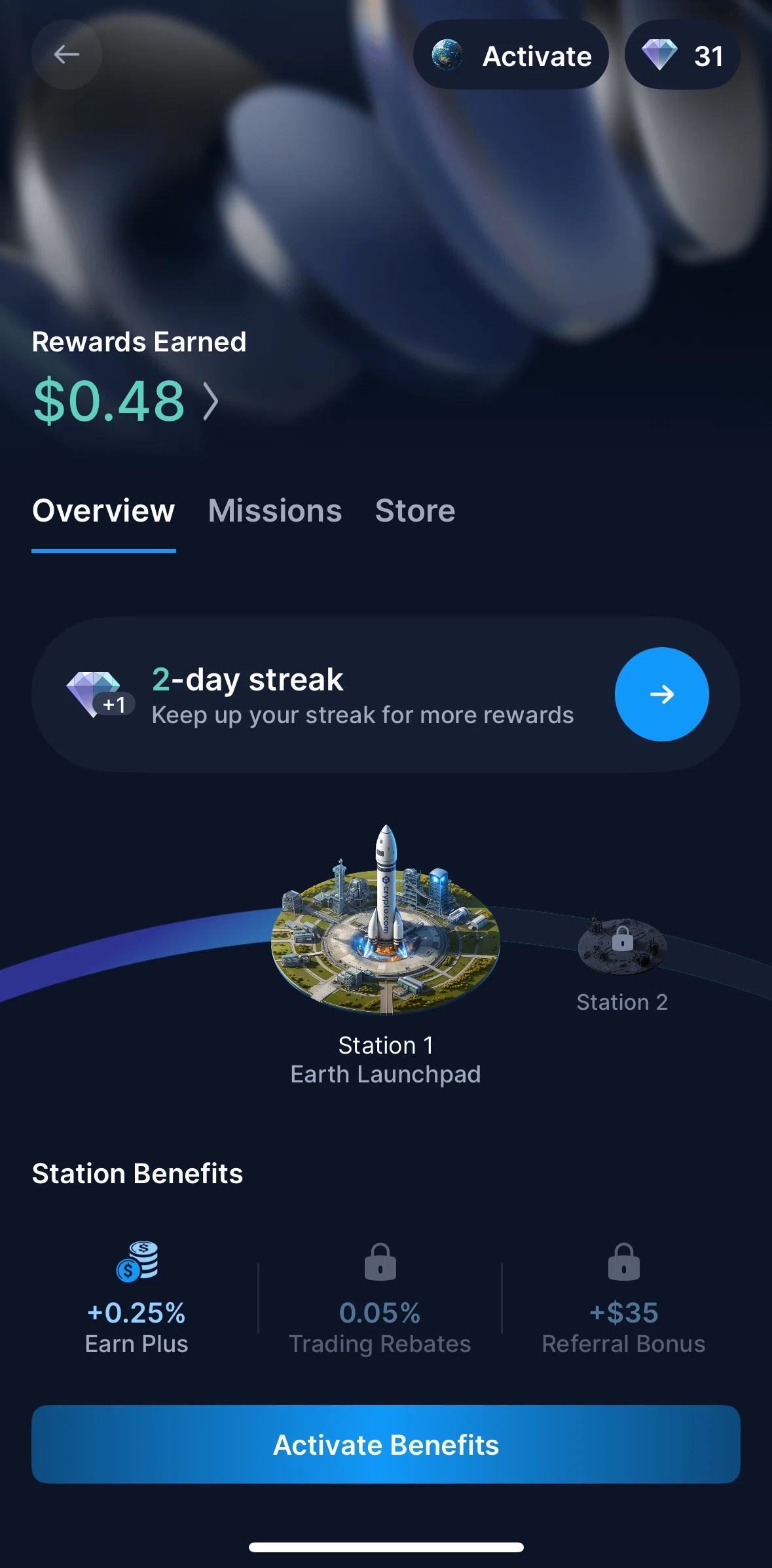 Crypto Com Screen screen in the Activating station benefits flow