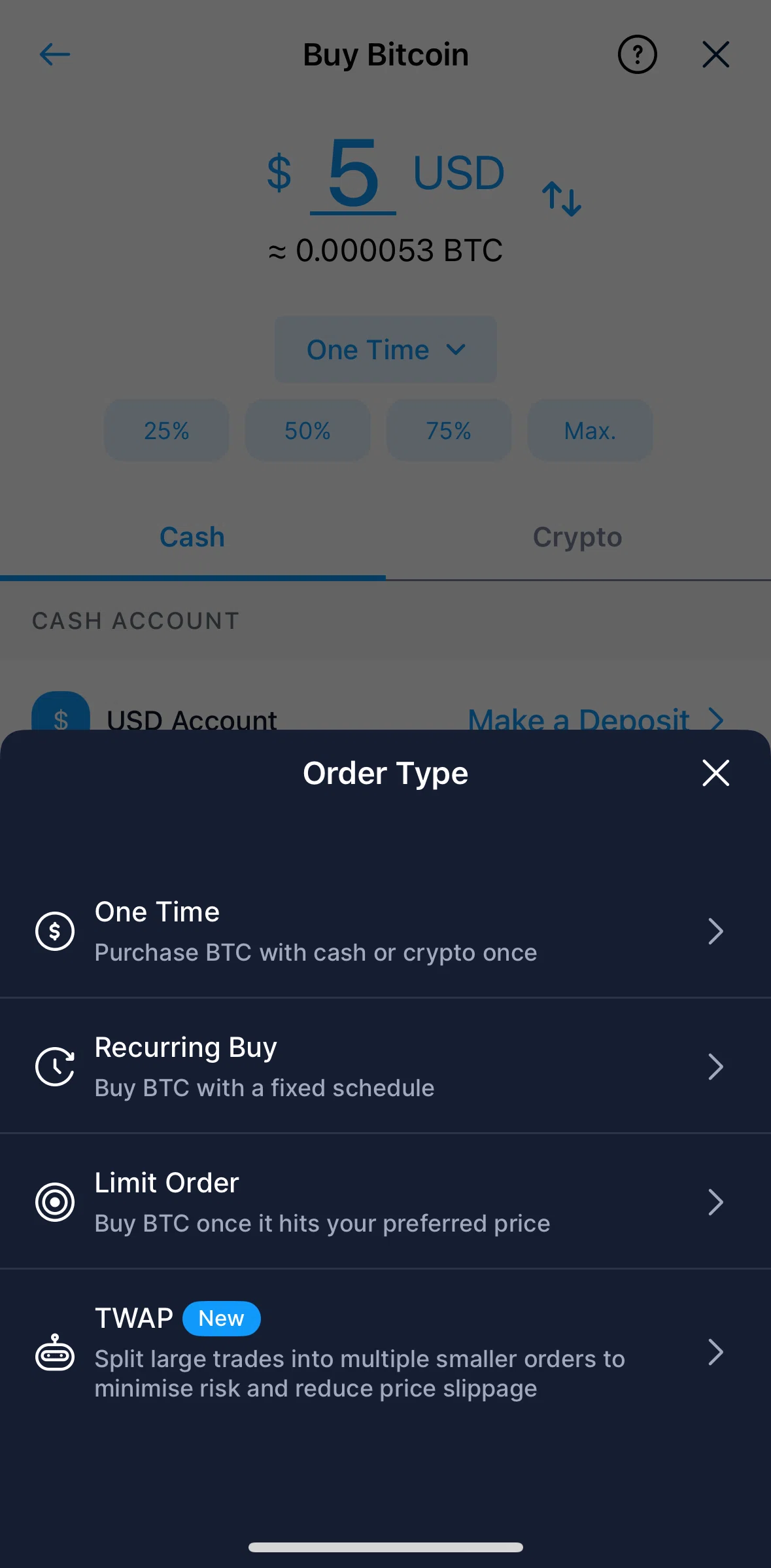 Crypto Com Screen screen in the Buying a coin (TWAP) flow