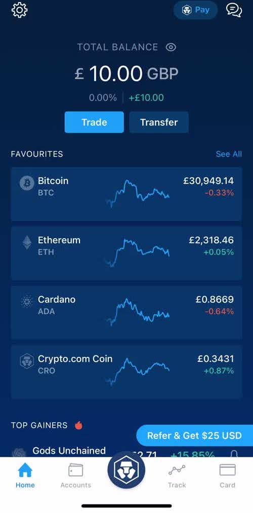 Crypto Com Home screen in the Buying Crypto Currency flow