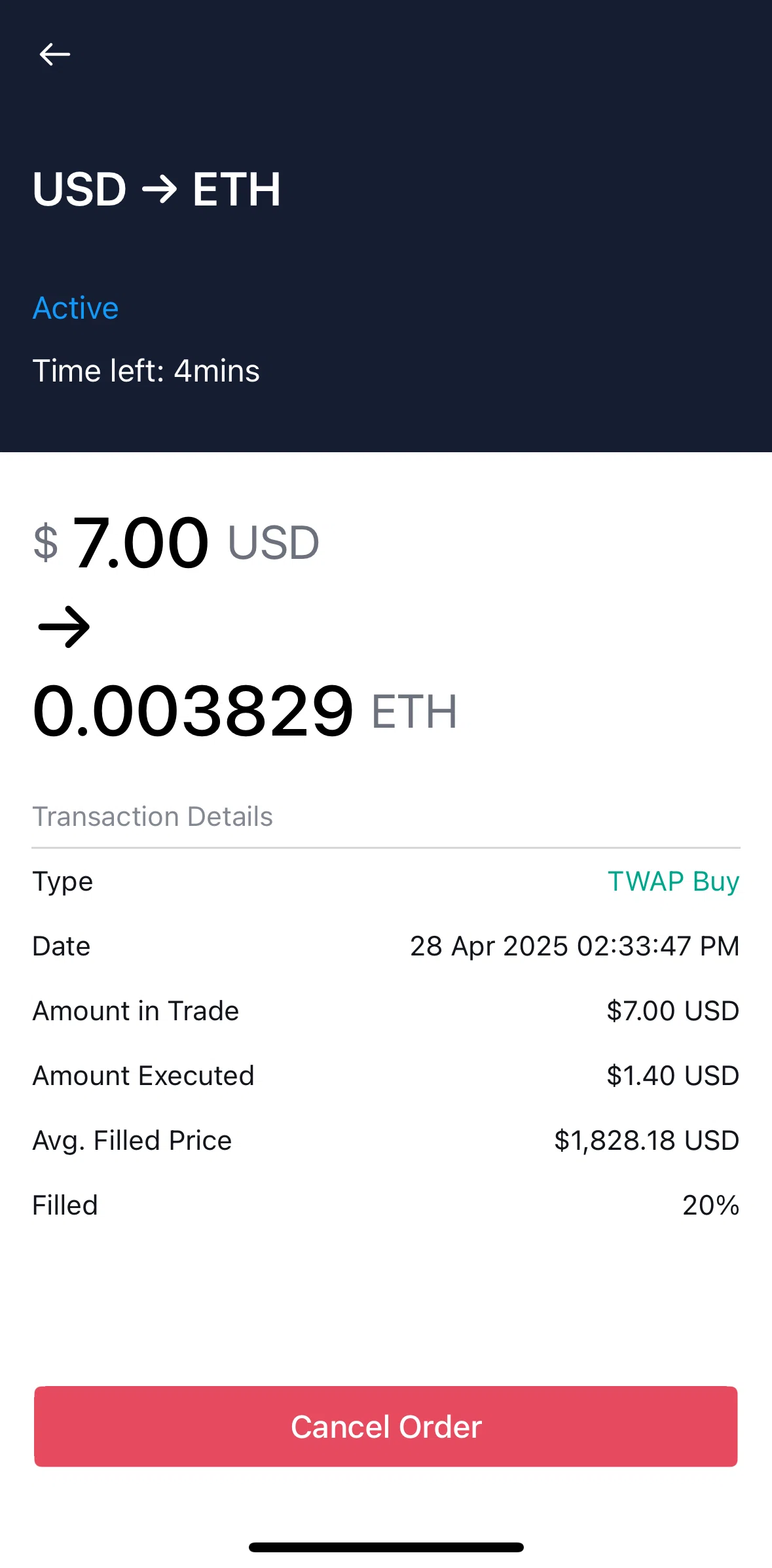 Crypto Com Screen screen in the Canceling an order (TWAP) flow