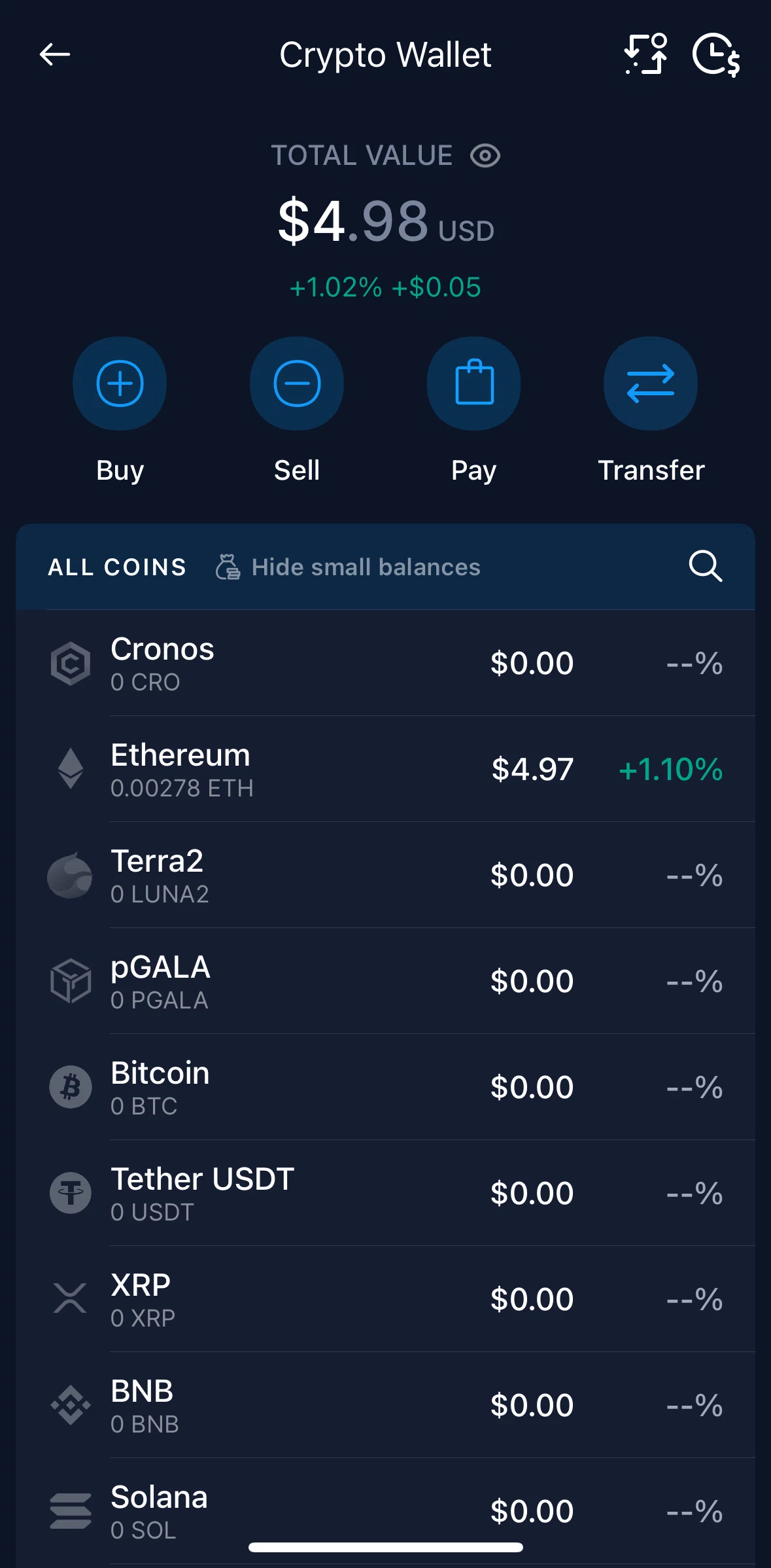 Crypto Com Screen screen in the Converting small balances flow