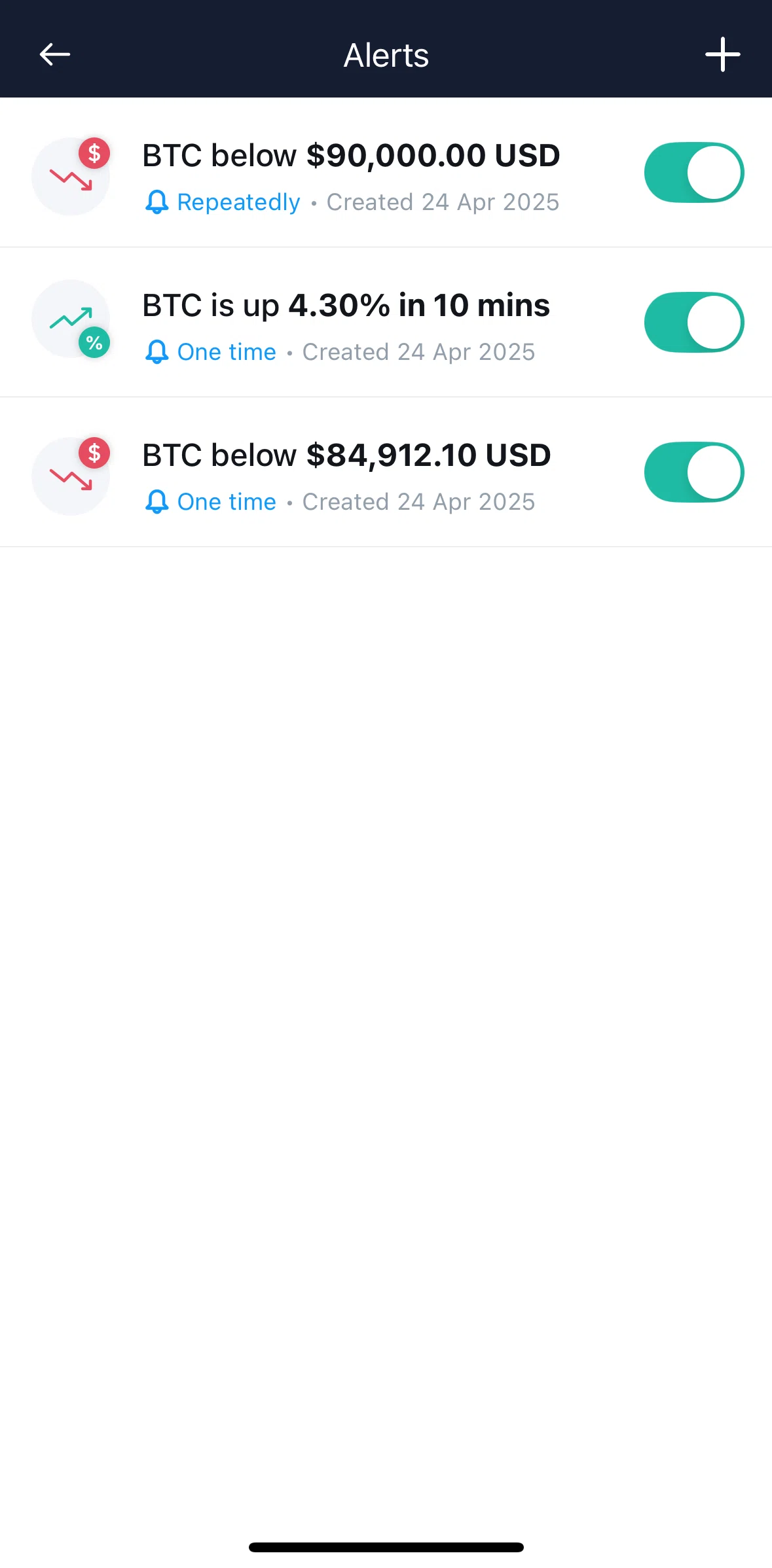 Crypto Com Screen screen in the Deleting a price alert flow