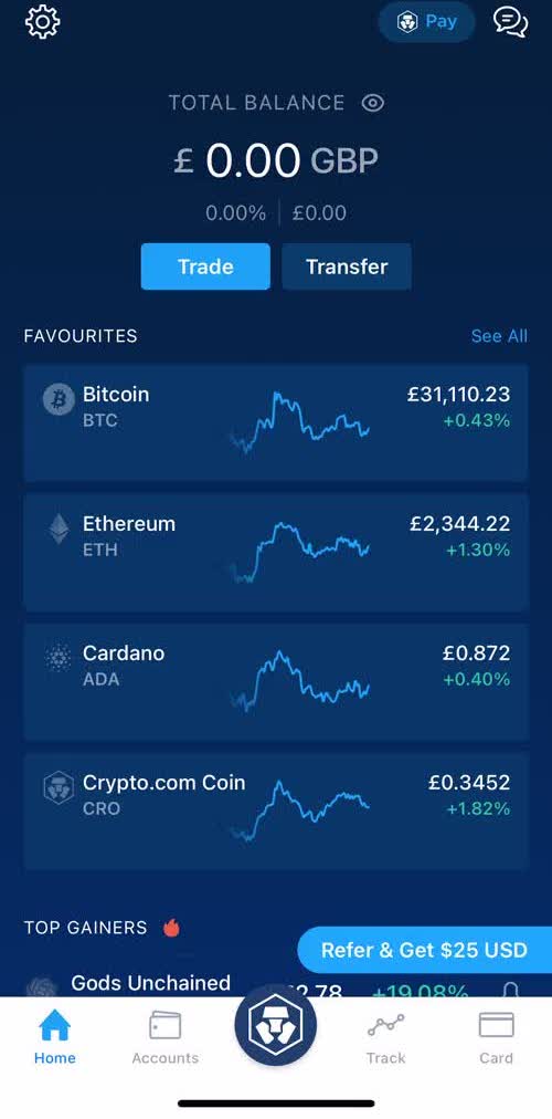 Crypto Com Home screen in the Depositing Funds flow