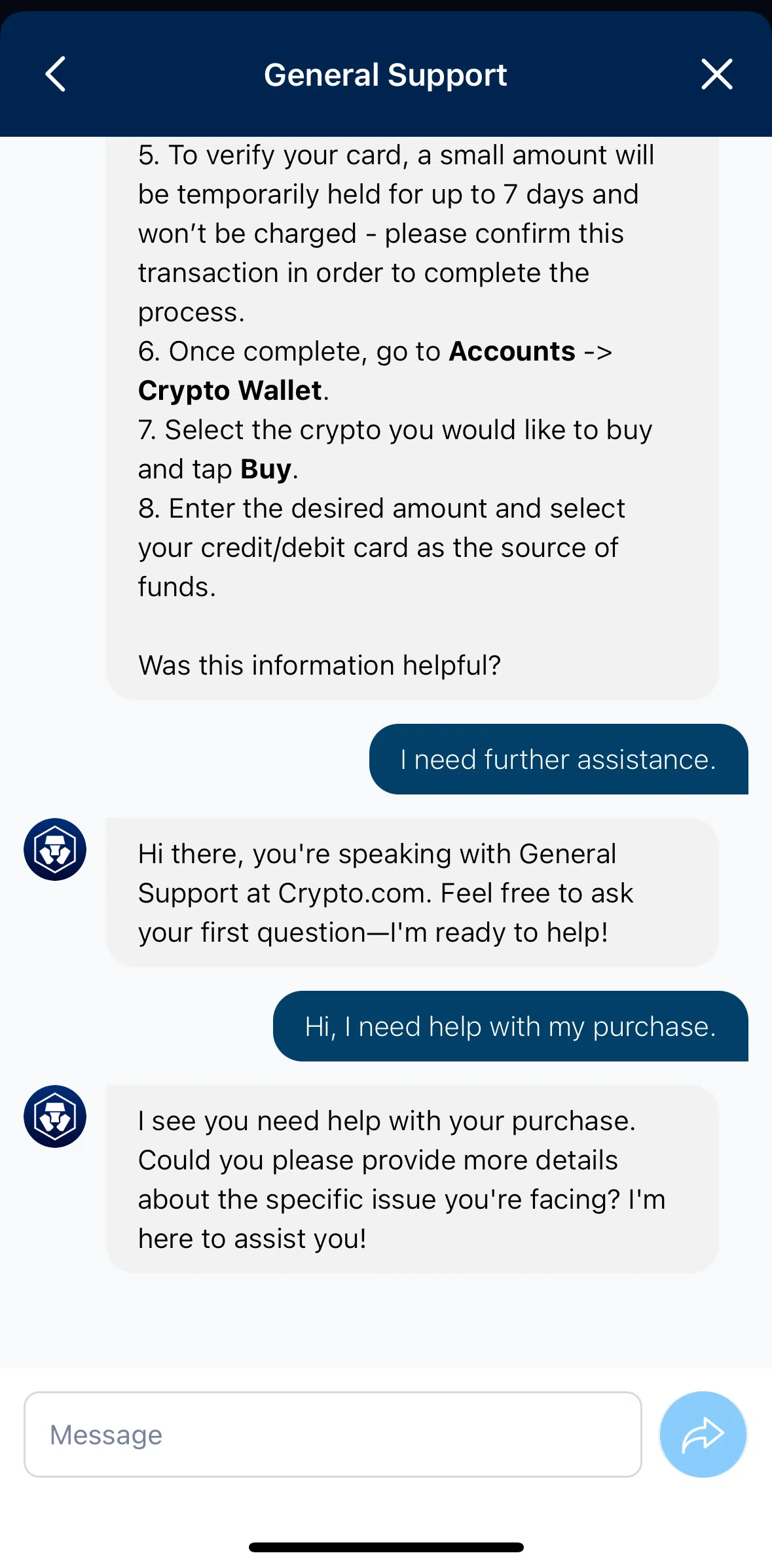 Crypto Com Screen screen in the Ending a chat flow