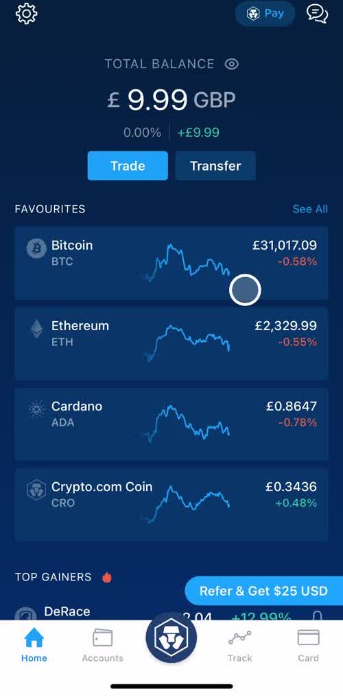 Crypto Com Home screen in the Exchange flow