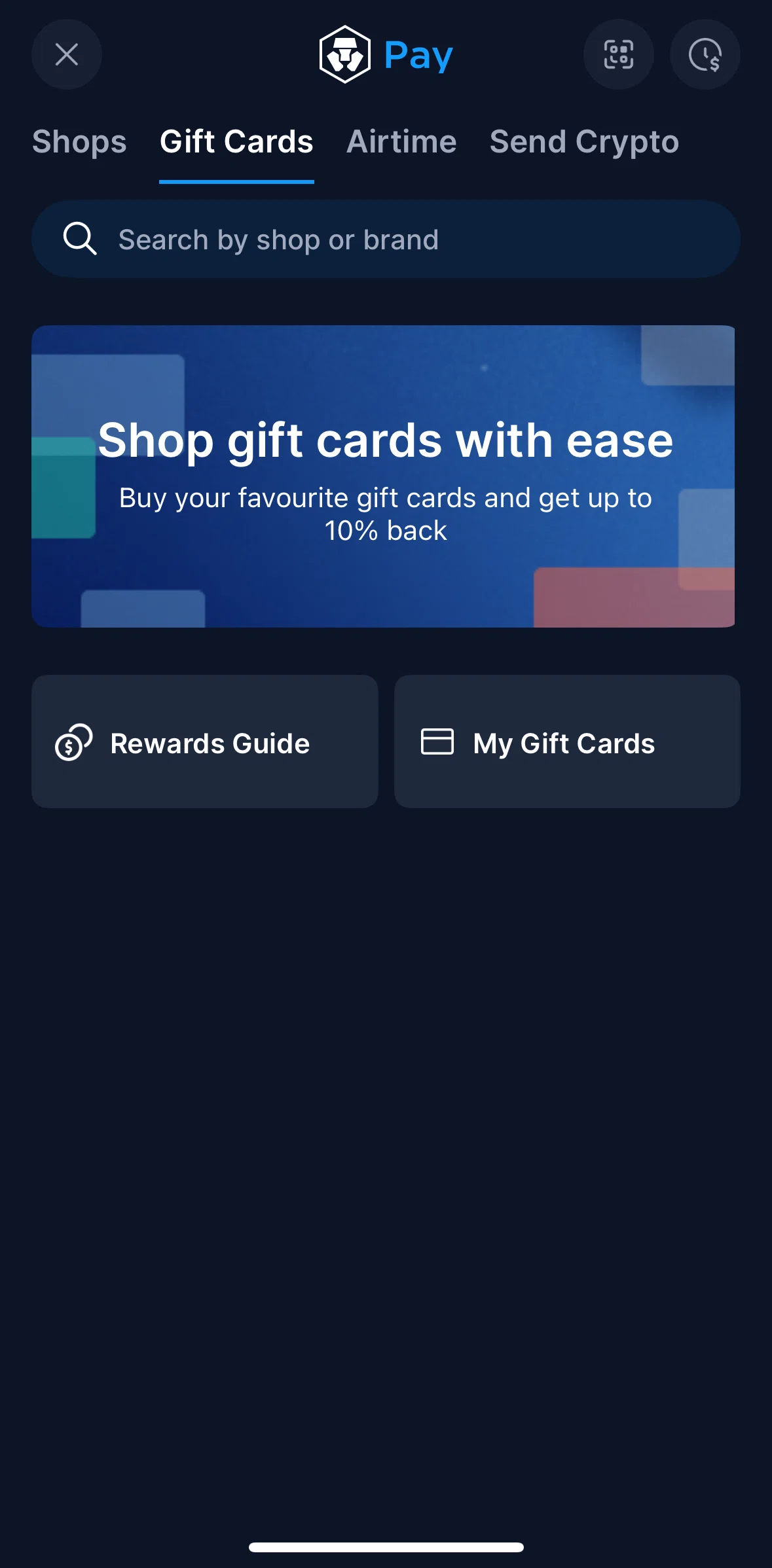 Crypto Com Screen screen in the Gift cards flow