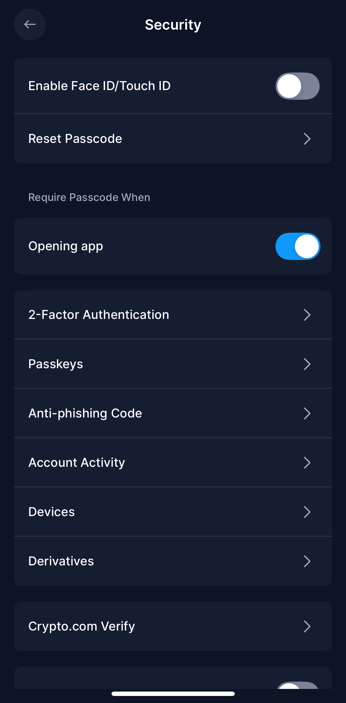 Crypto Com Screen screen in the Passkeys flow
