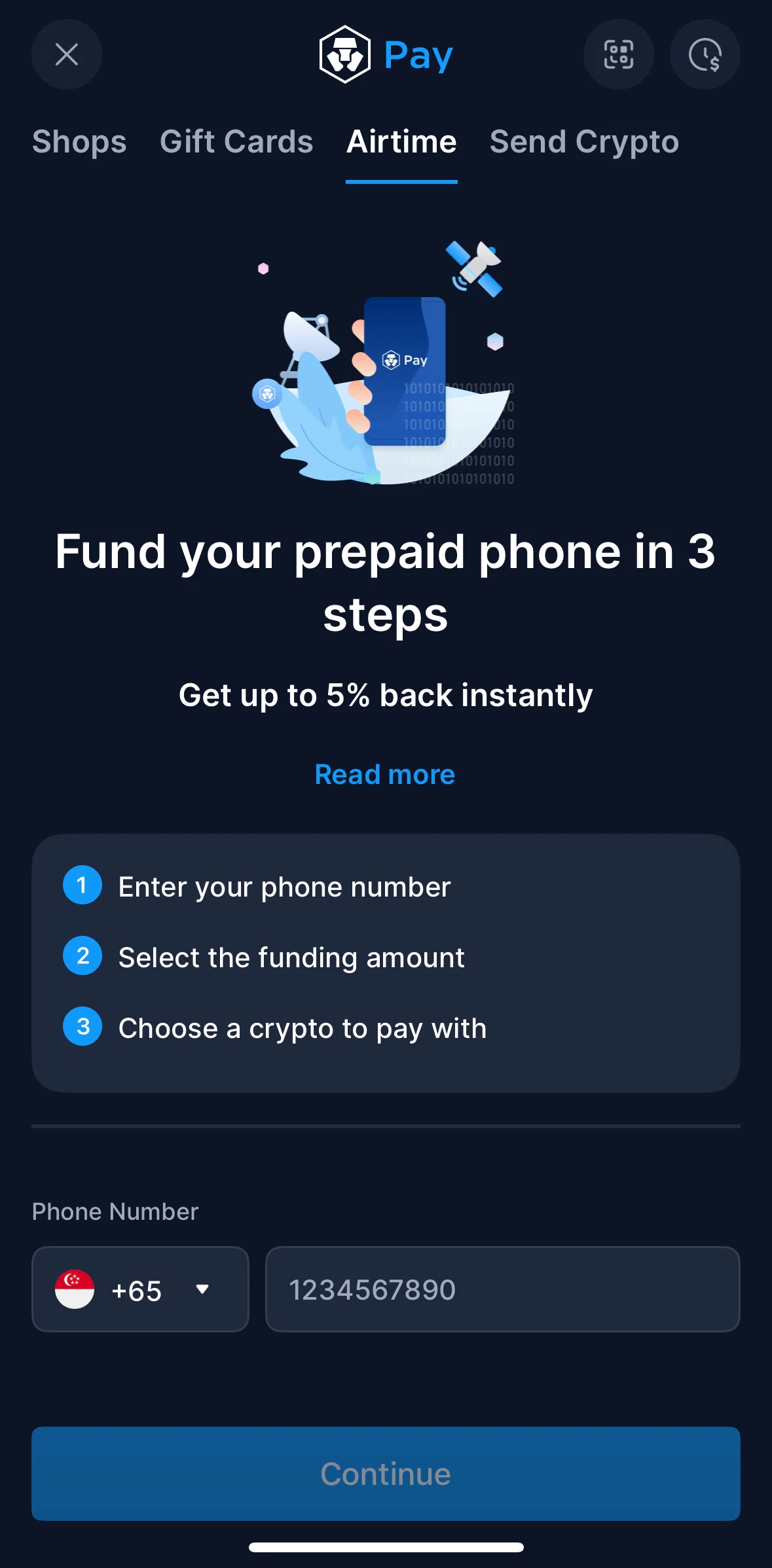 Crypto Com Screen screen in the Purchase a mobile airtime flow