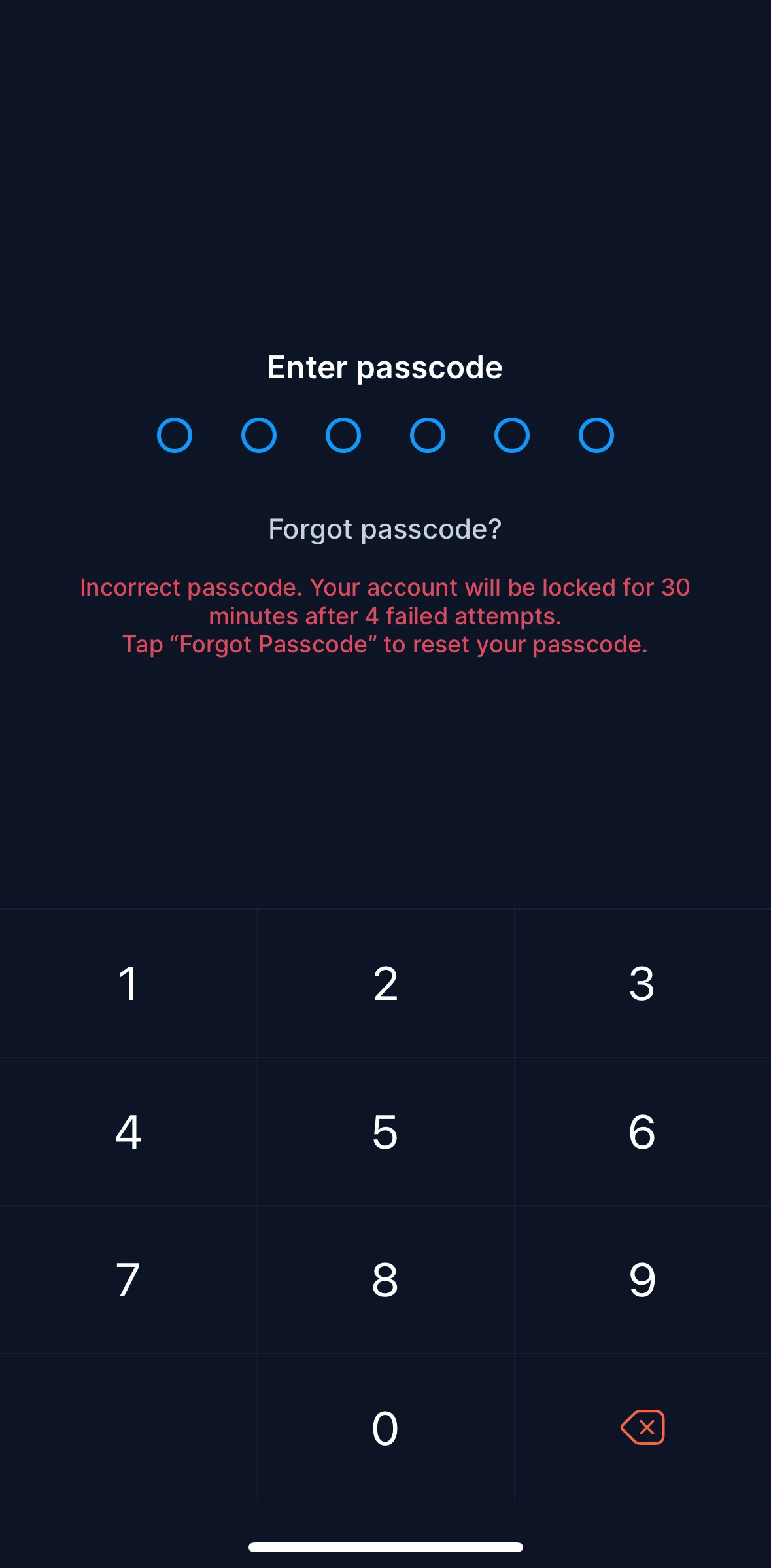 Crypto Com Screen screen in the Resetting passcode flow