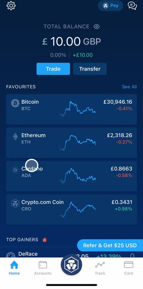 Crypto Com Home screen in the Sending Currency flow