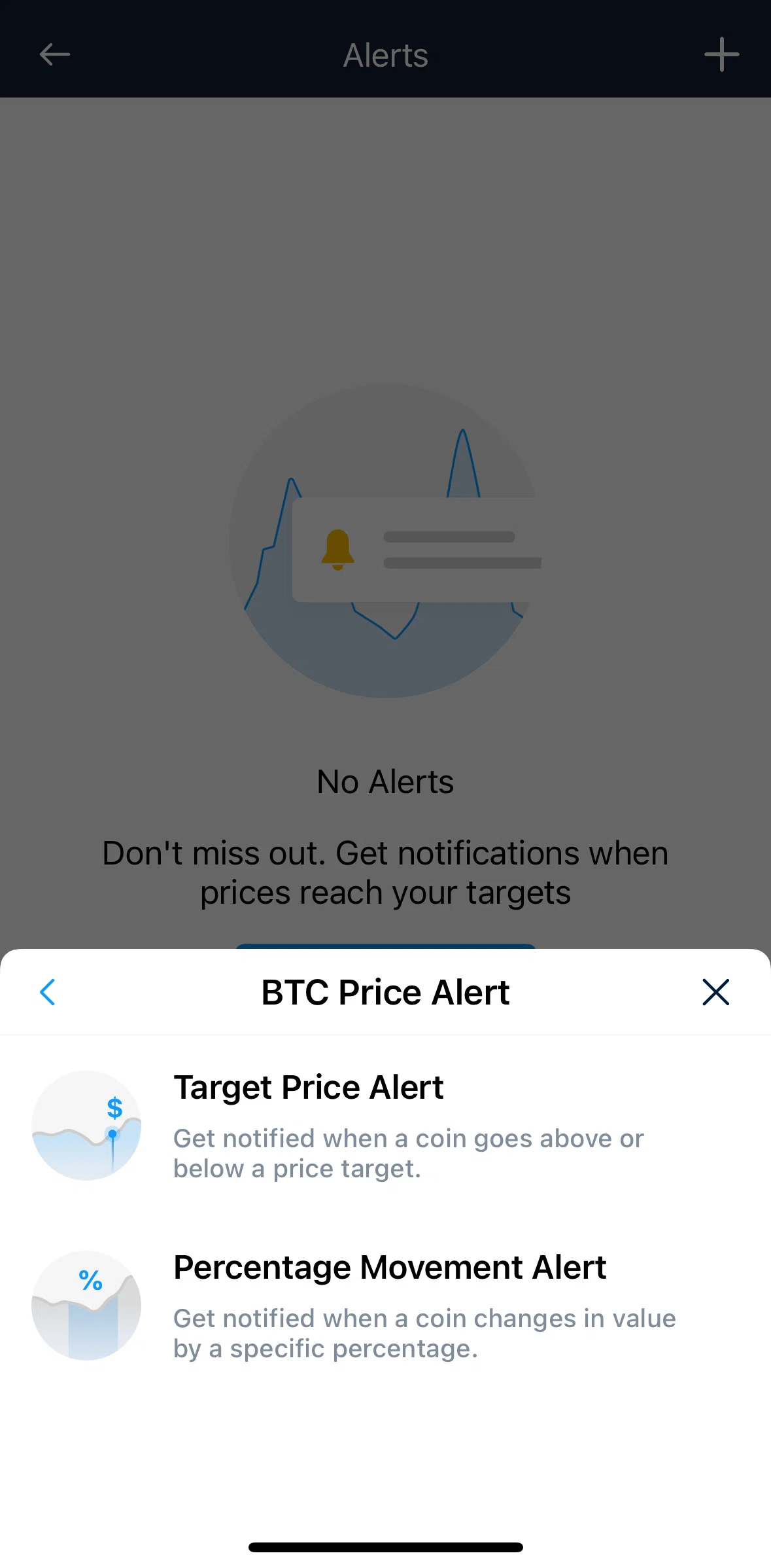 Crypto Com Screen screen in the Setting a price alert (percentage movement) flow