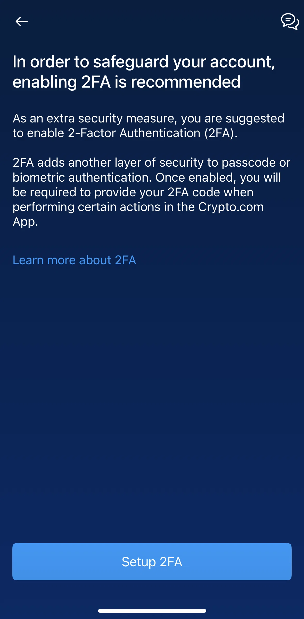 Crypto Com Screen screen in the Setting up 2FA flow