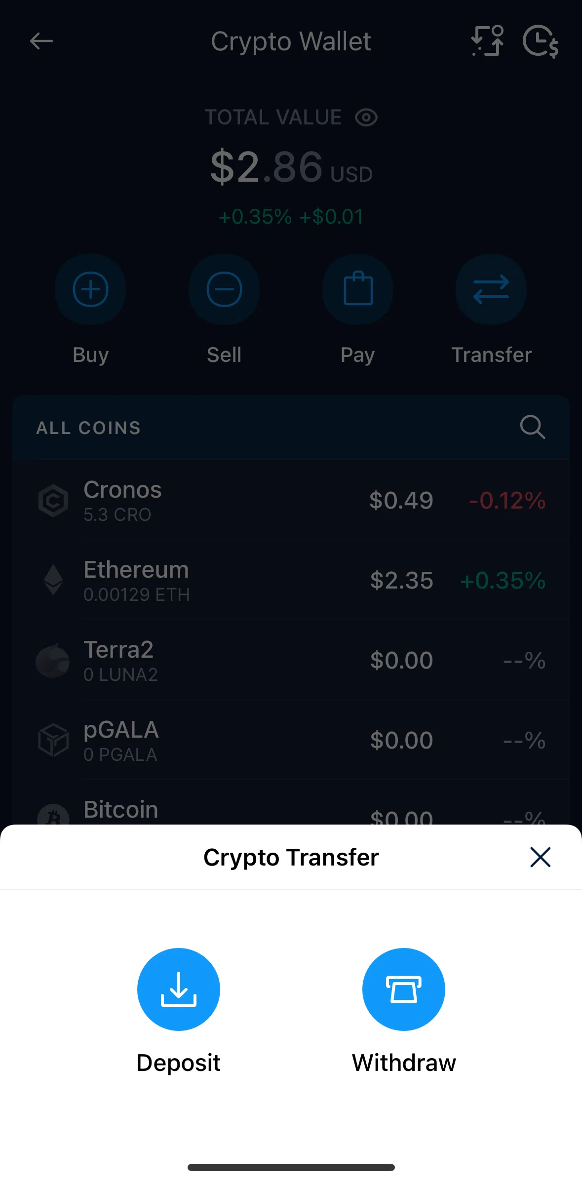 Crypto Com Screen screen in the Withdraw a coin flow