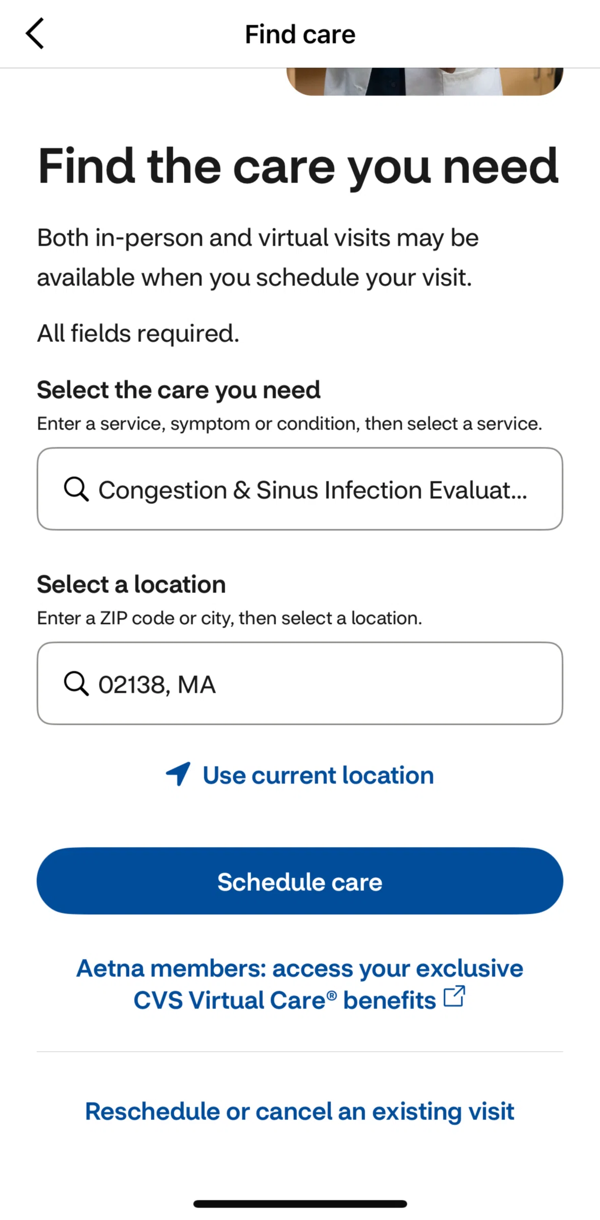 CVS Health Screen screen in the Canceling a visit flow