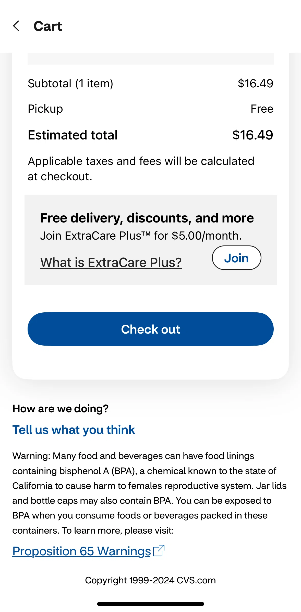CVS Health Screen screen in the Check out (Pickup) flow