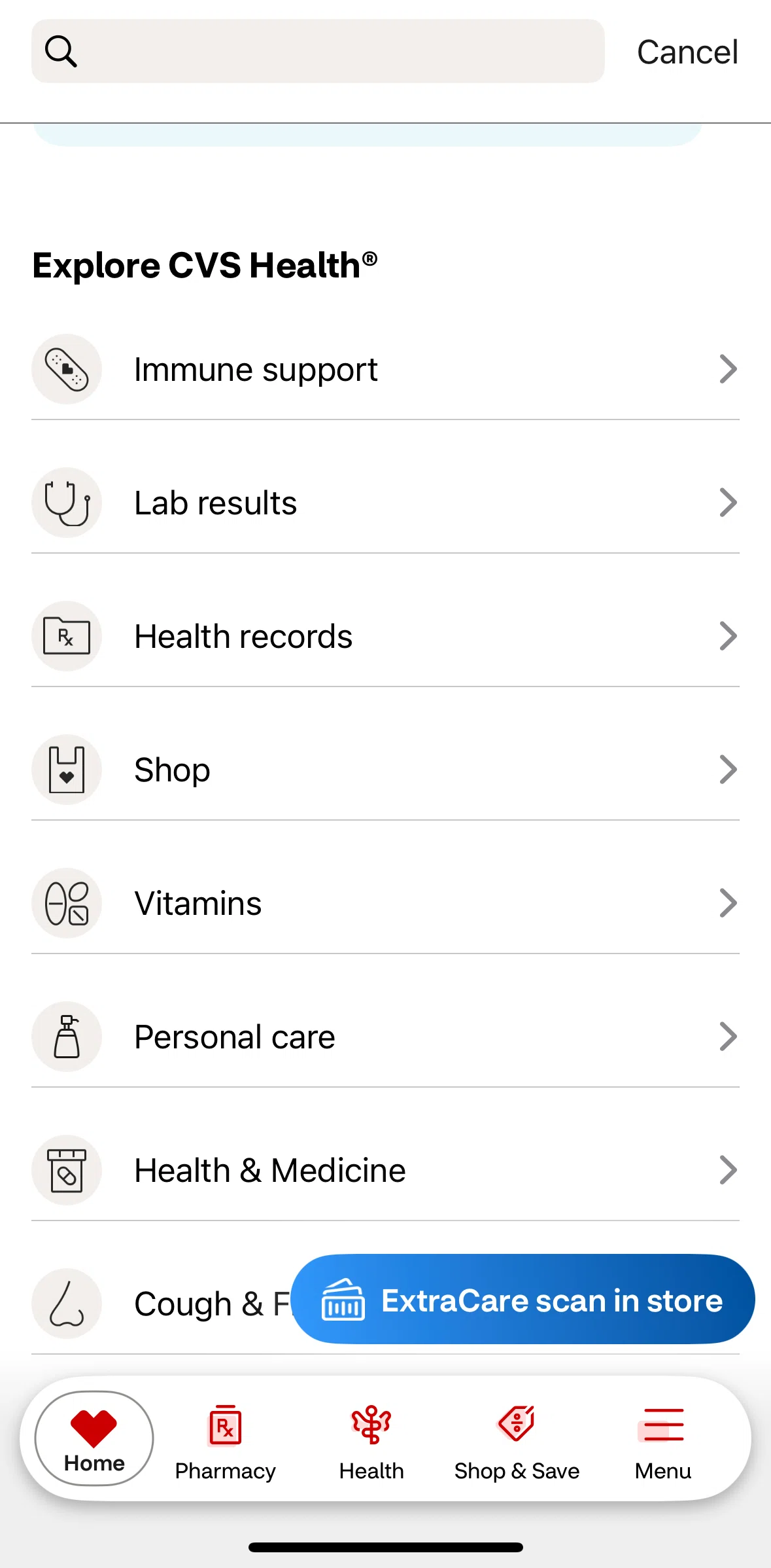 CVS Health Screen screen in the Health & Medicine flow