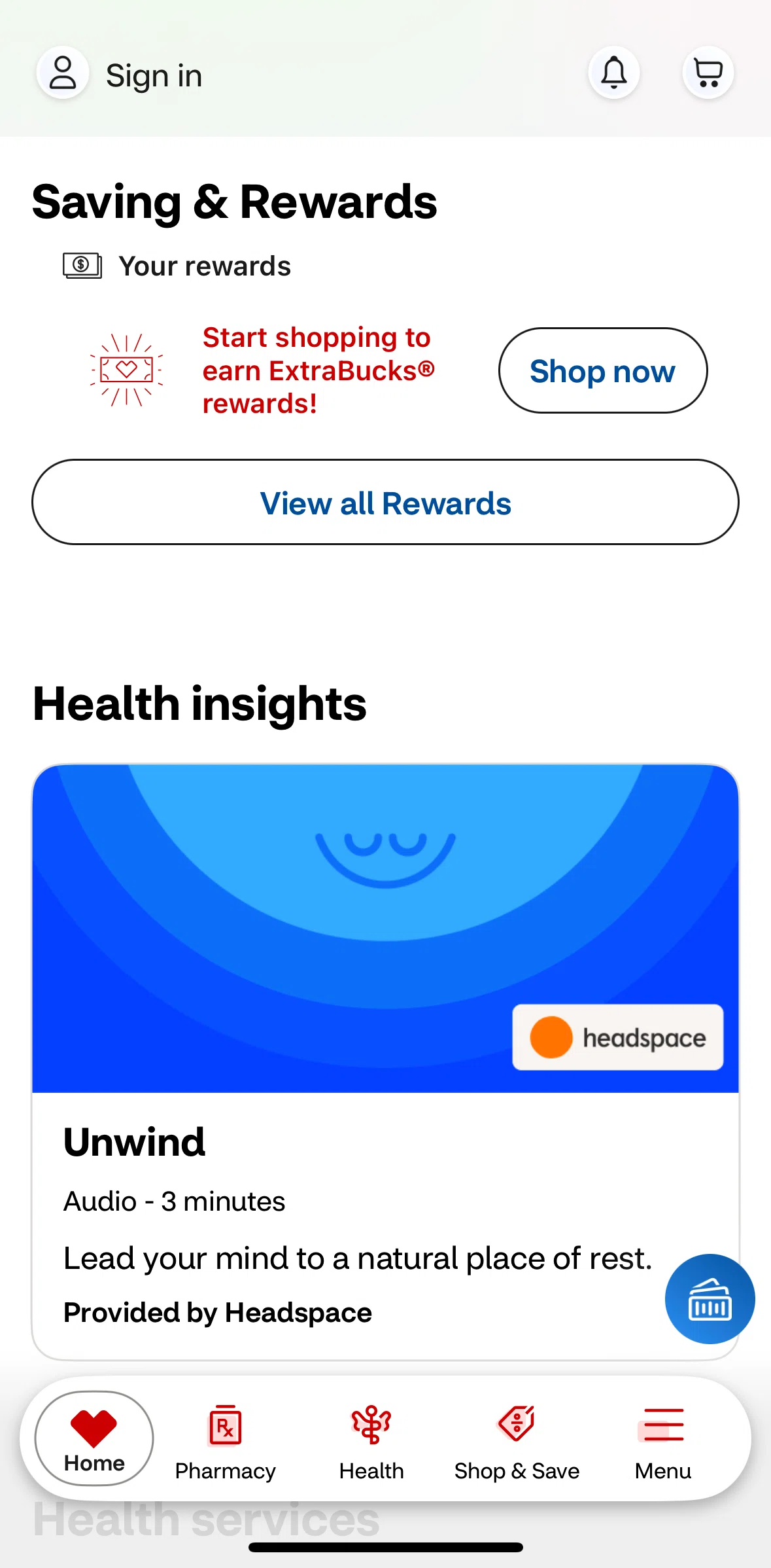 CVS Health Screen screen in the Playing audio flow