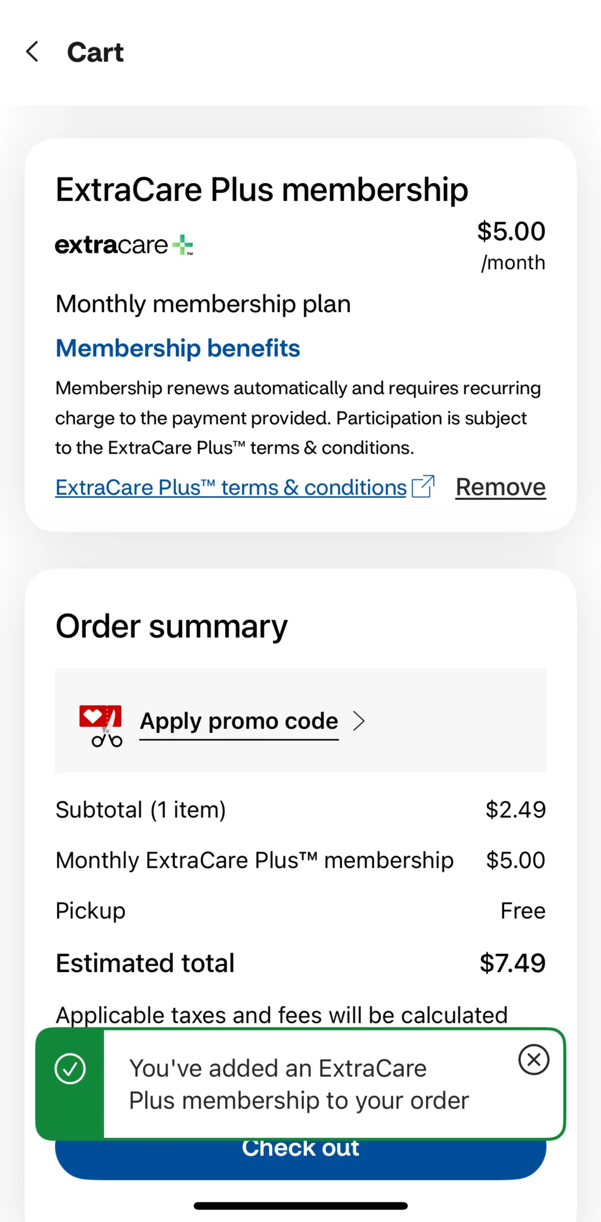 CVS Health Screen screen in the Removing ExtraCare Plus from cart flow