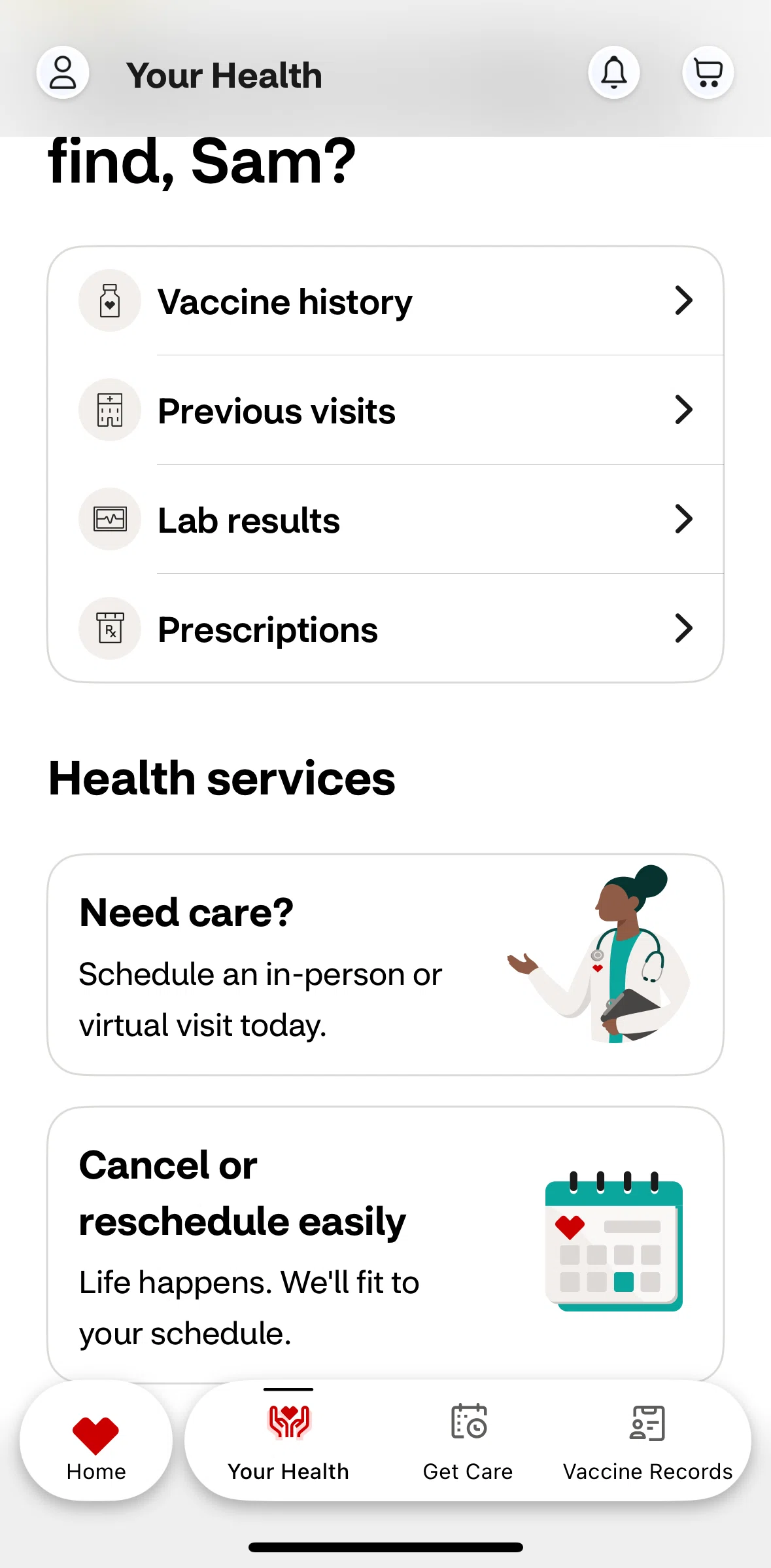 CVS Health Screen screen in the Reschedule a visit flow