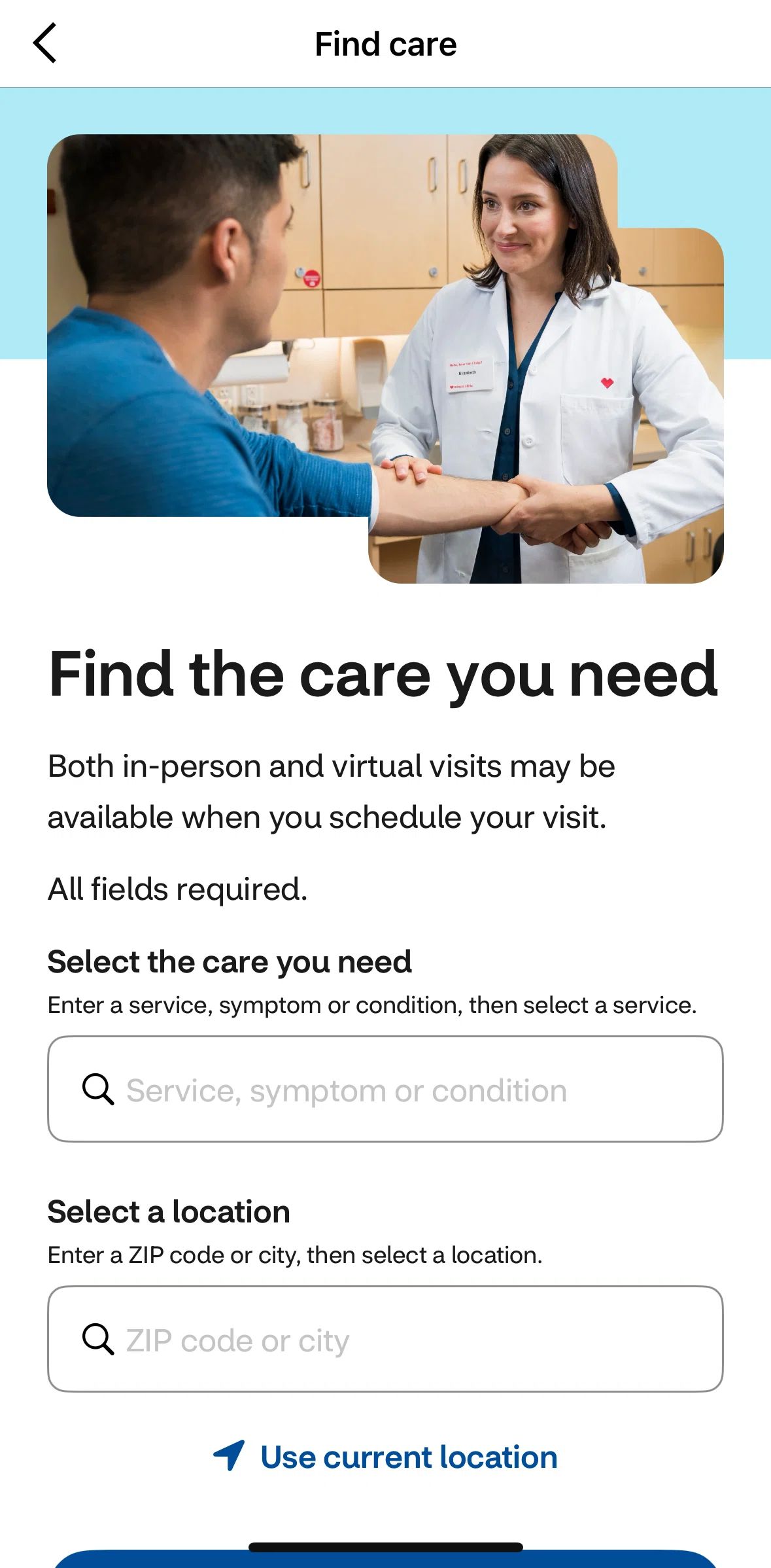CVS Health Screen screen in the Scheduling a visit flow