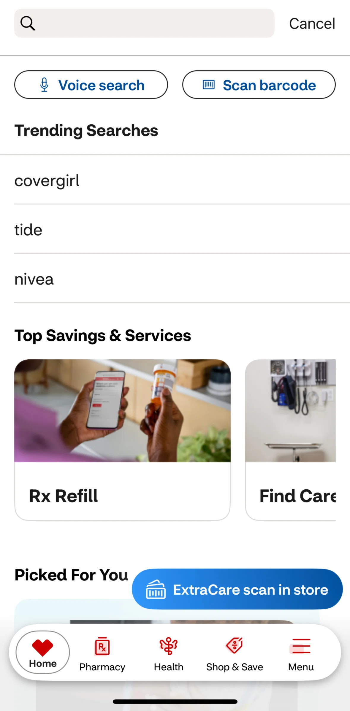 CVS Health Screen screen in the Searching CVS Health (voice input) flow