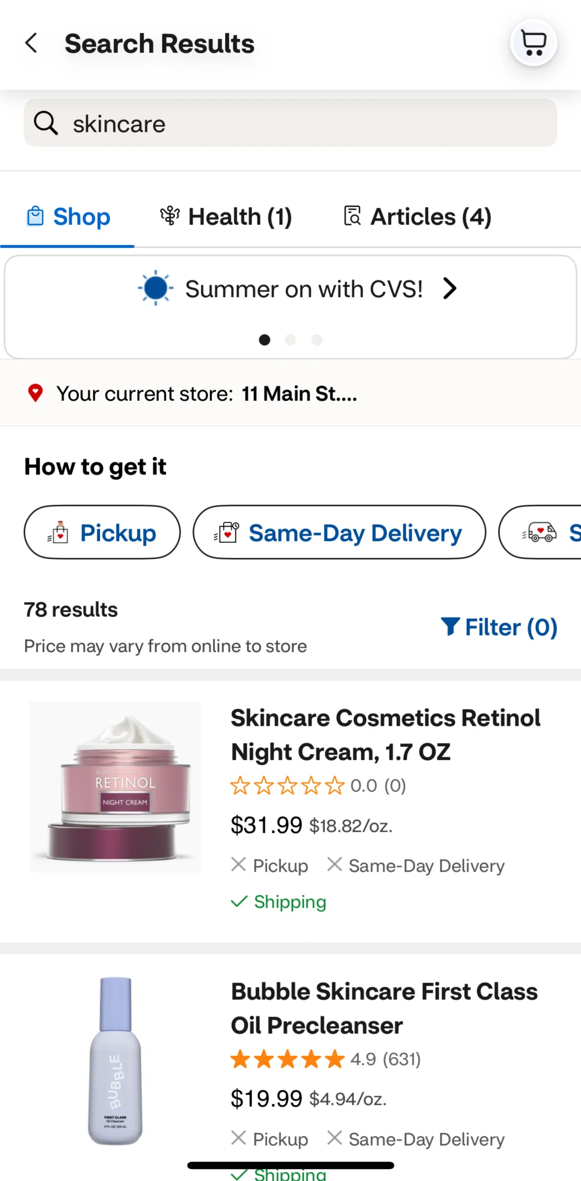 CVS Health Screen screen in the Sorting search results flow