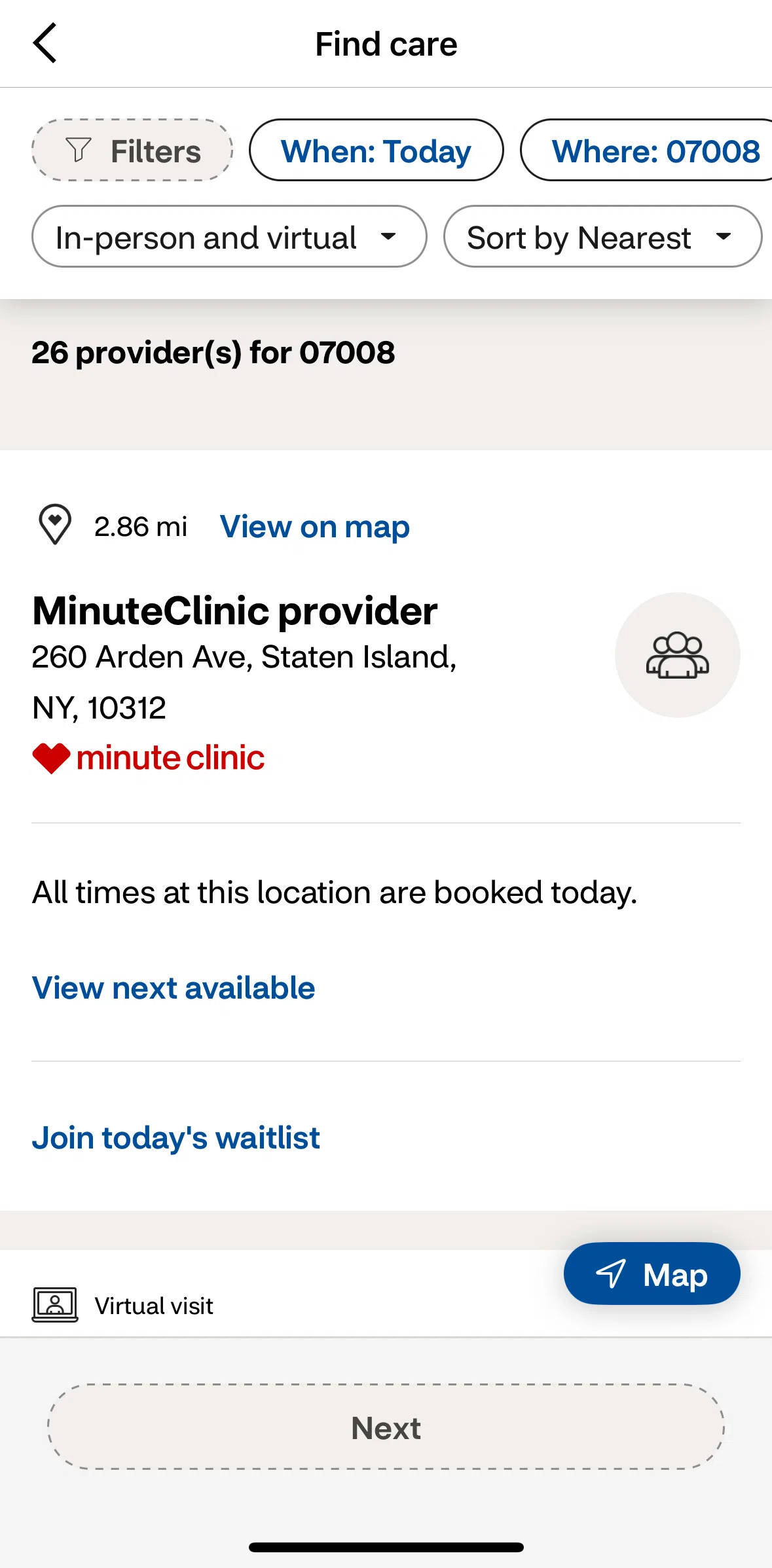 CVS Health Screen screen in the Switching to map view flow