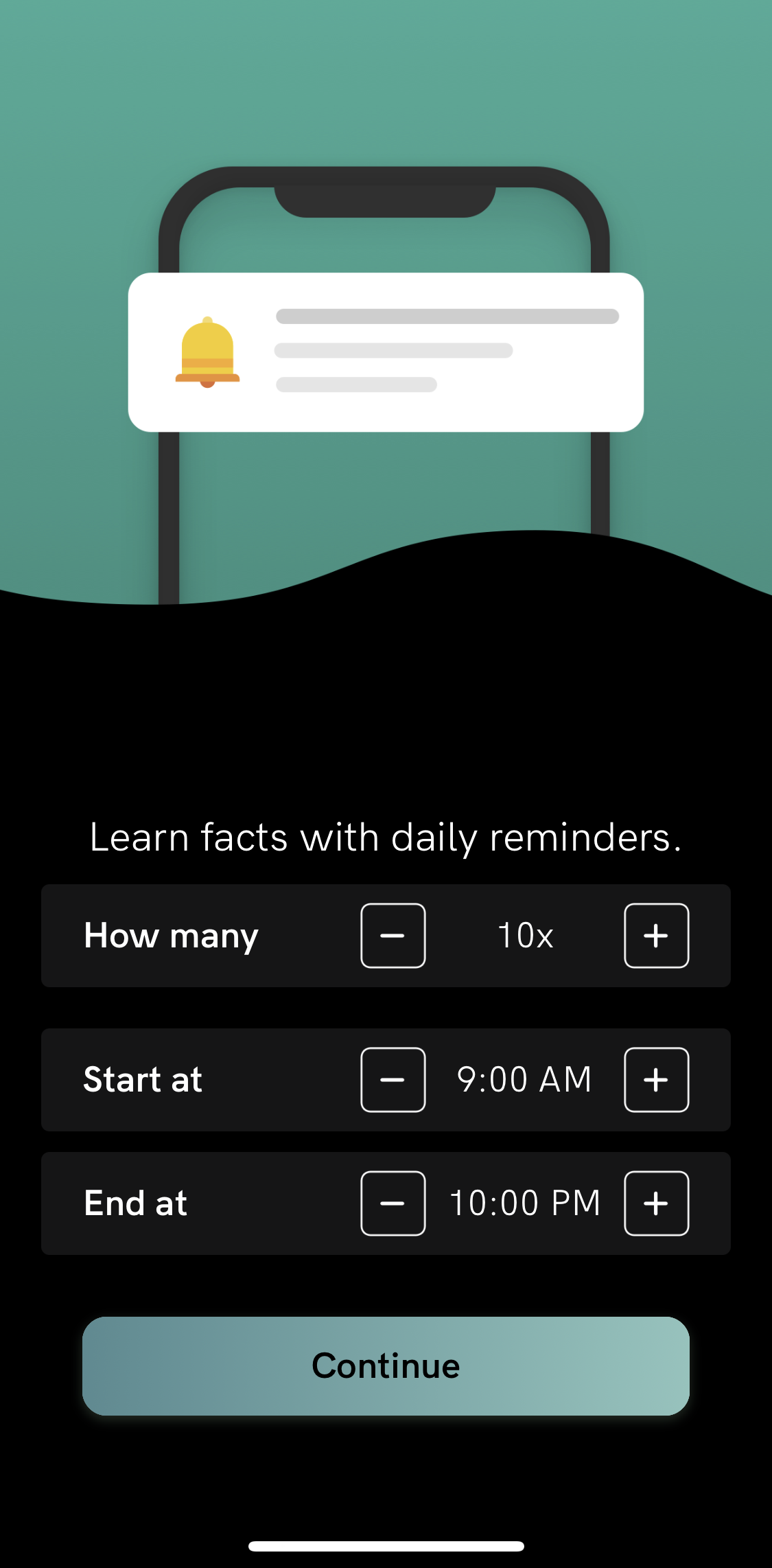 Daily Random Facts Set reminders screen in the General Browsing flow