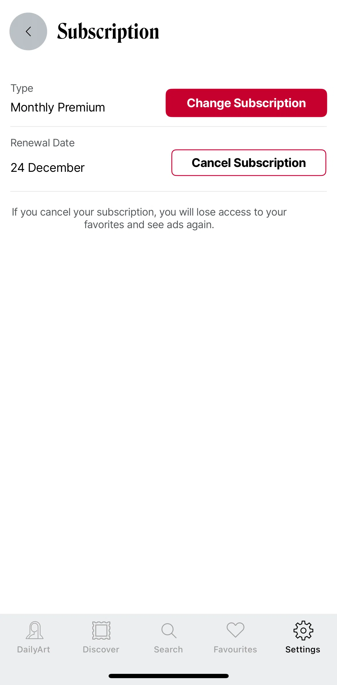 DailyArt Screen screen in the Change subscription flow