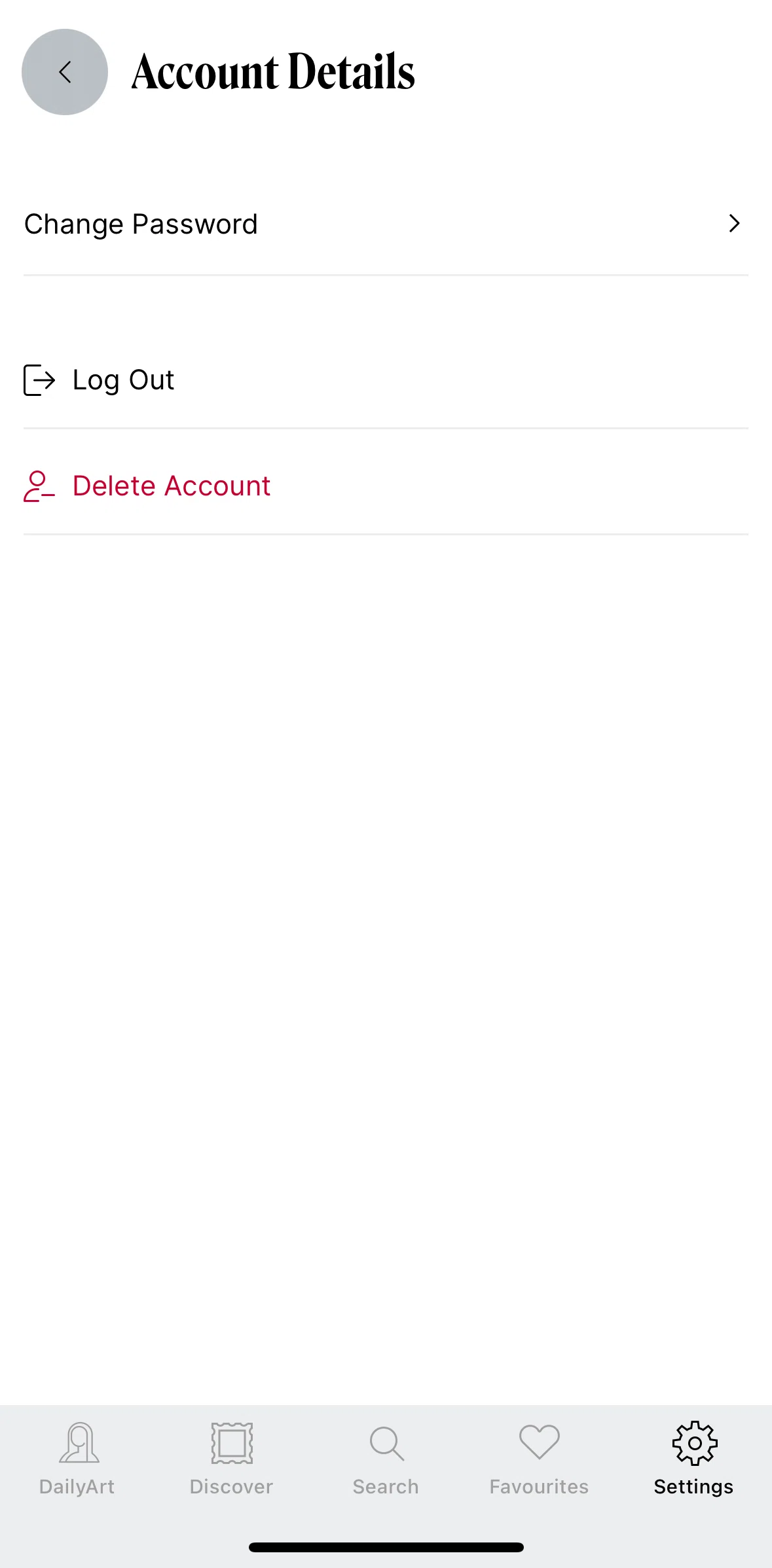 DailyArt Screen screen in the Deleting an account flow