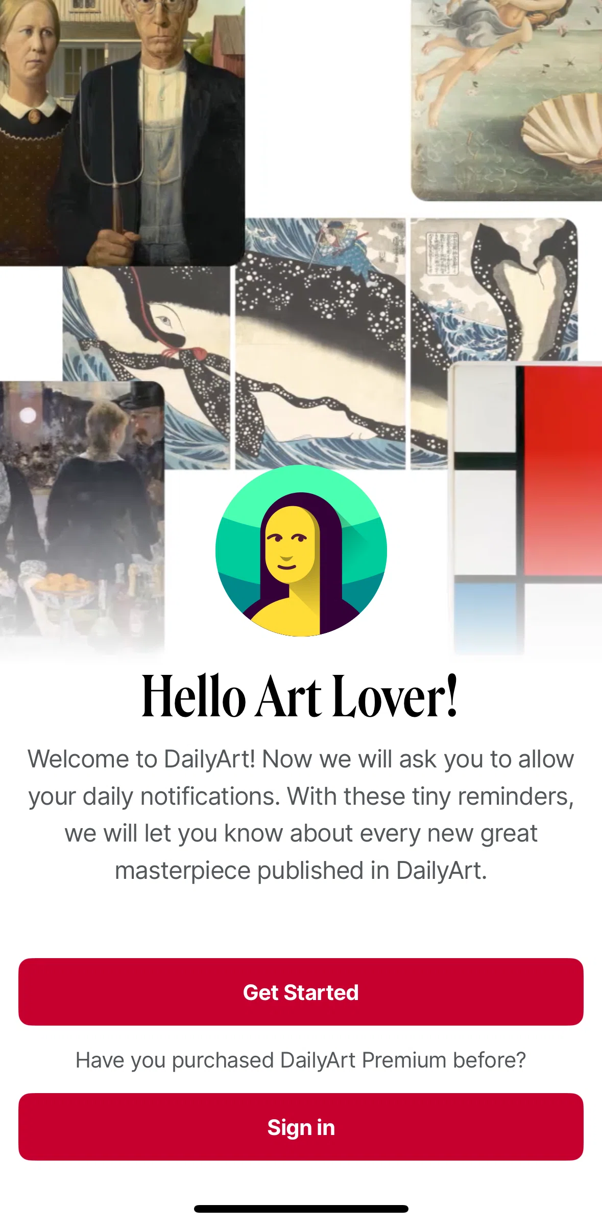 DailyArt Screen screen in the Onboarding flow